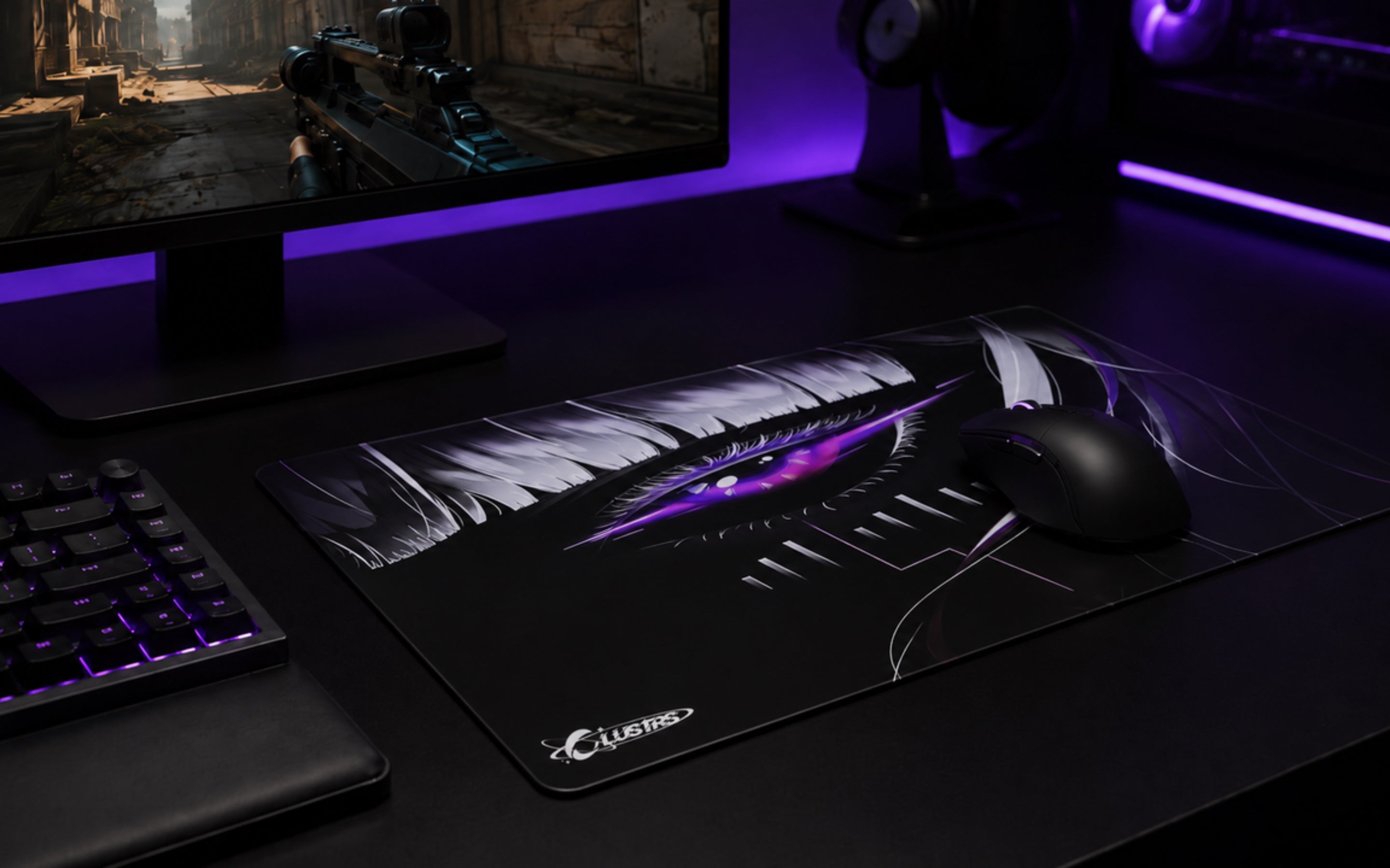 CLUSTRS glass tempered mousepad in a clean gaming and professional desk setup, designed for consistent glide, easy cleaning, and premium daily use.