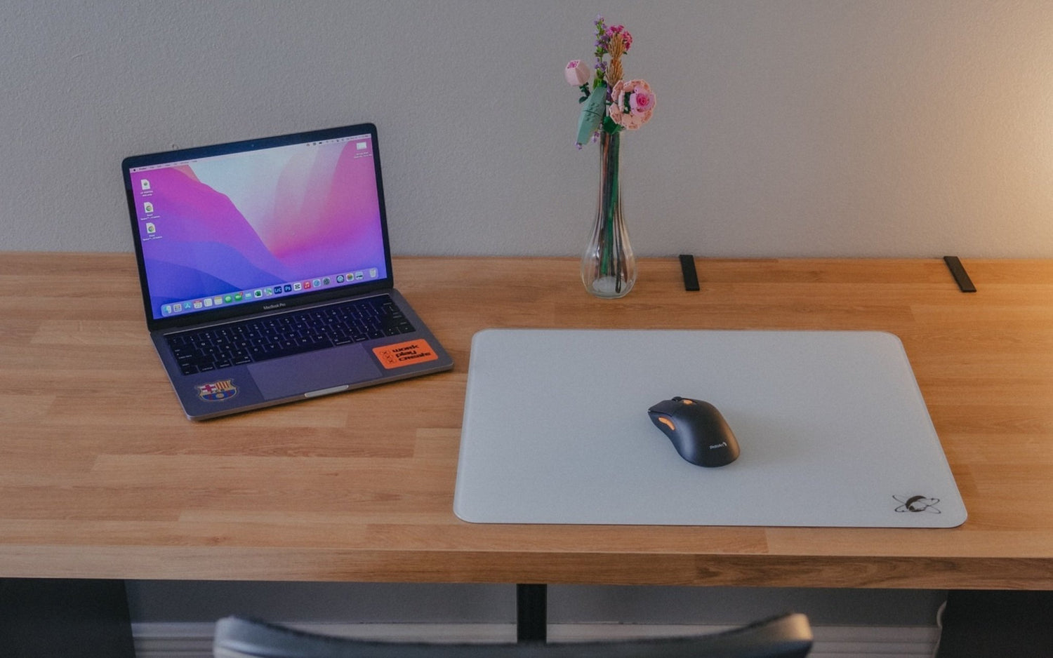 CLUSTRS custom glass mousepad on a hybrid work and gaming desk, built for spreadsheets, smooth glide, and play