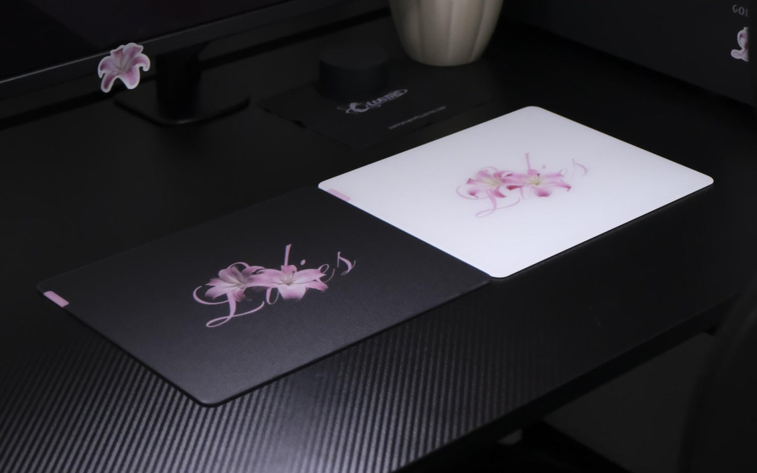 CLUSTRS Lilies glass mousepad in an XS compact desk setup with floral style, smooth glide, and organized small-space layout