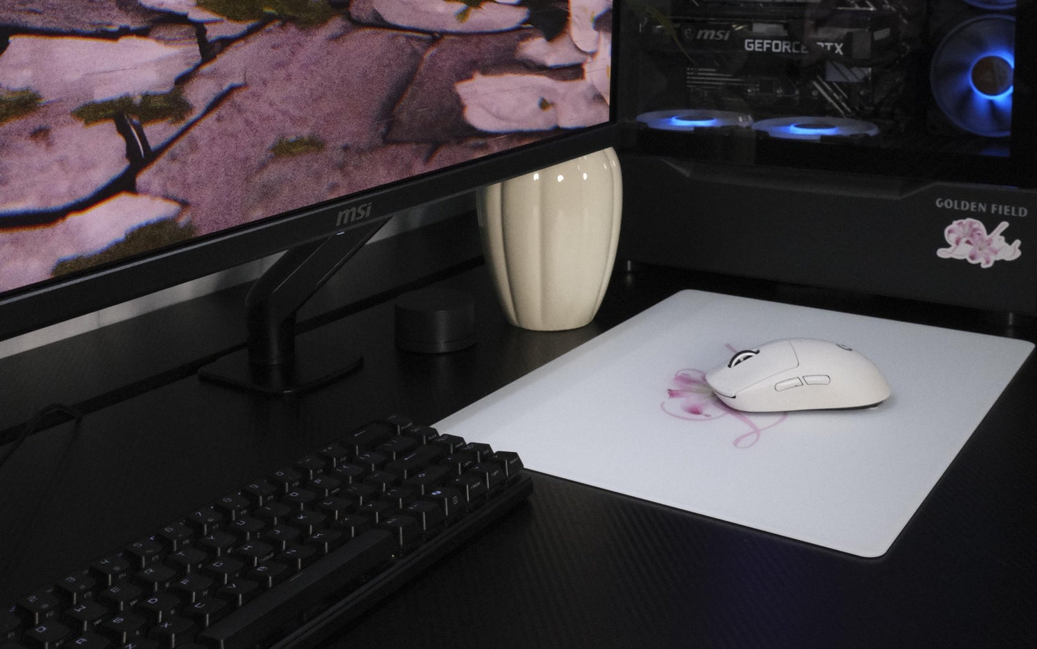CLUSTRS Lilies glass mousepad for a clean girl desk setup, adding floral style, smooth glide, and easy cleaning