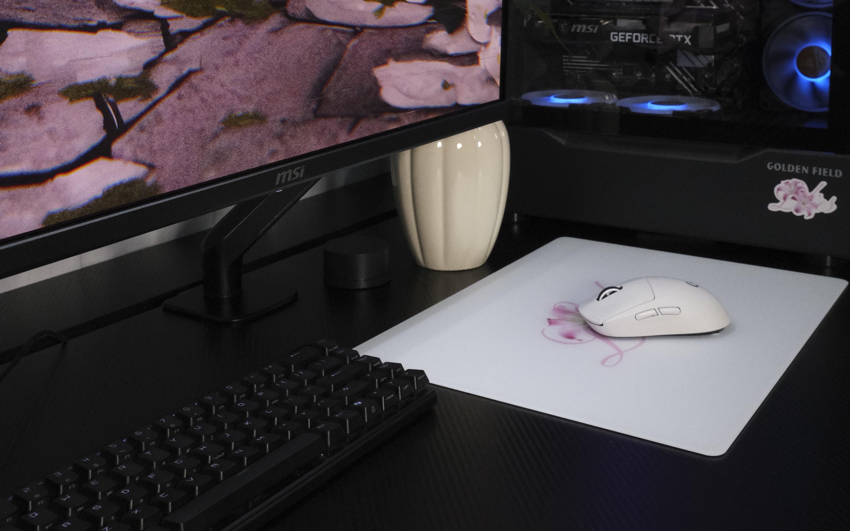 CLUSTRS Lilies glass mousepad for a clean girl desk setup, adding floral style, smooth glide, and easy cleaning