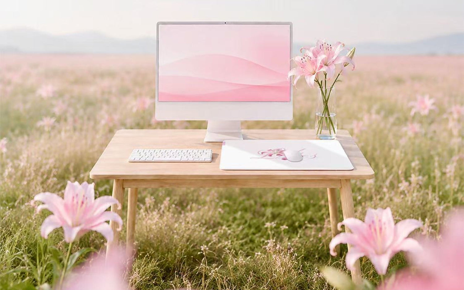 CLUSTRS Lilies glass mousepad in a shared gaming setup, showing floral style, smooth control, and community vibes