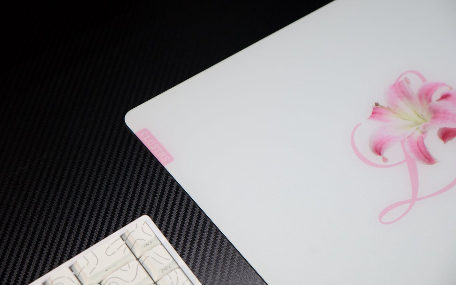 CLUSTRS Lilies glass mousepad with anime-inspired floral design, showing soft setup style, smooth glide, and reliable control