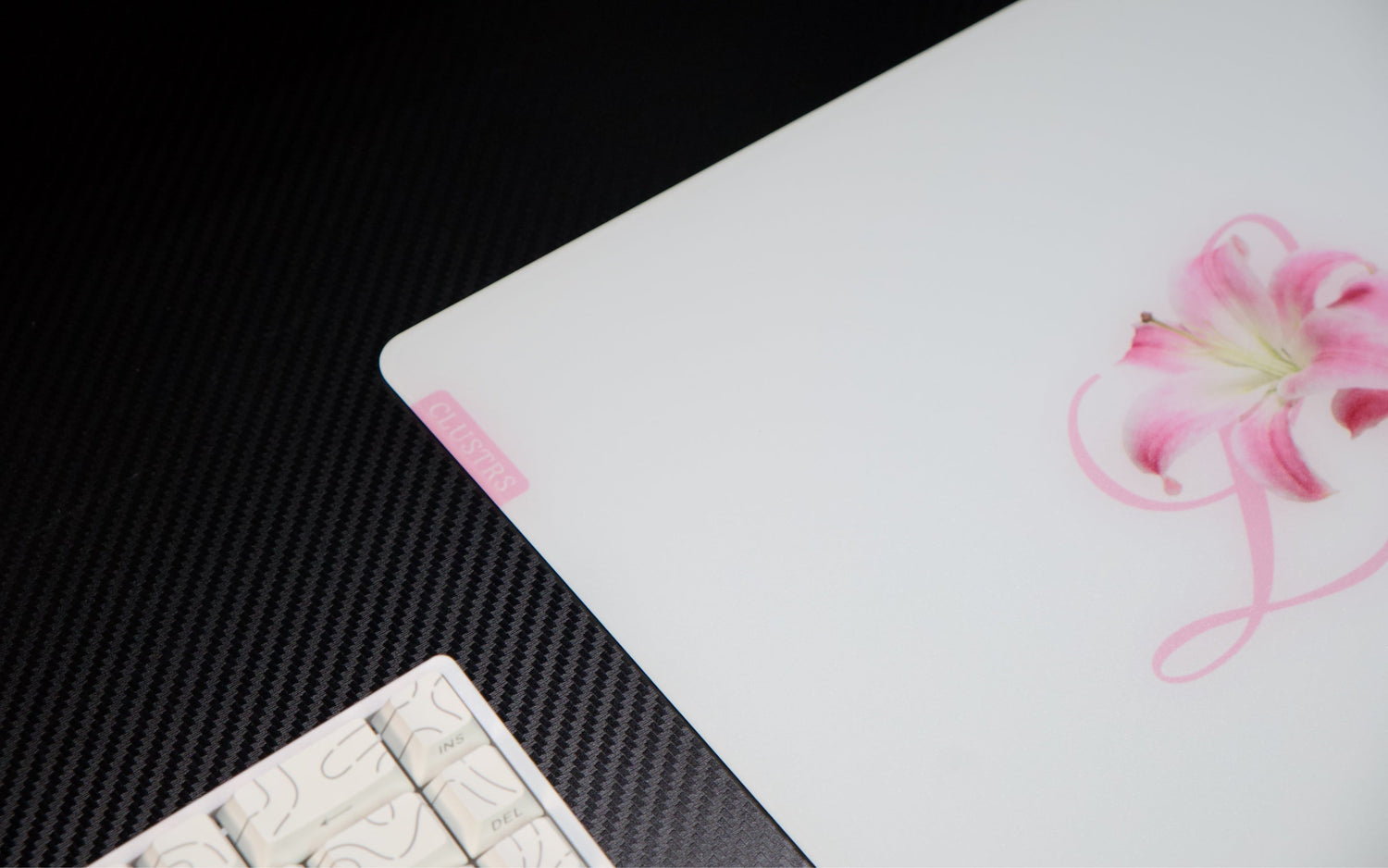 CLUSTRS Lilies glass mousepad with anime-inspired floral design, showing soft setup style, smooth glide, and reliable control