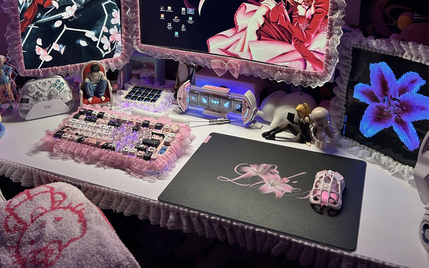 CLUSTRS Lilies glass mousepad in a soft girl gaming setup with floral style, smooth glide, and a clean desk aesthetic