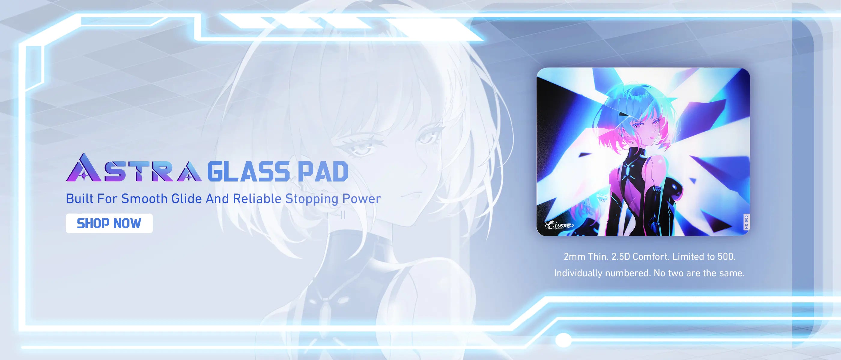 ASTRA gaming glass mousepad by Clustrs featuring a thin 2mm design, smooth glide surface, and ergonomic 2.5D beveled edges.