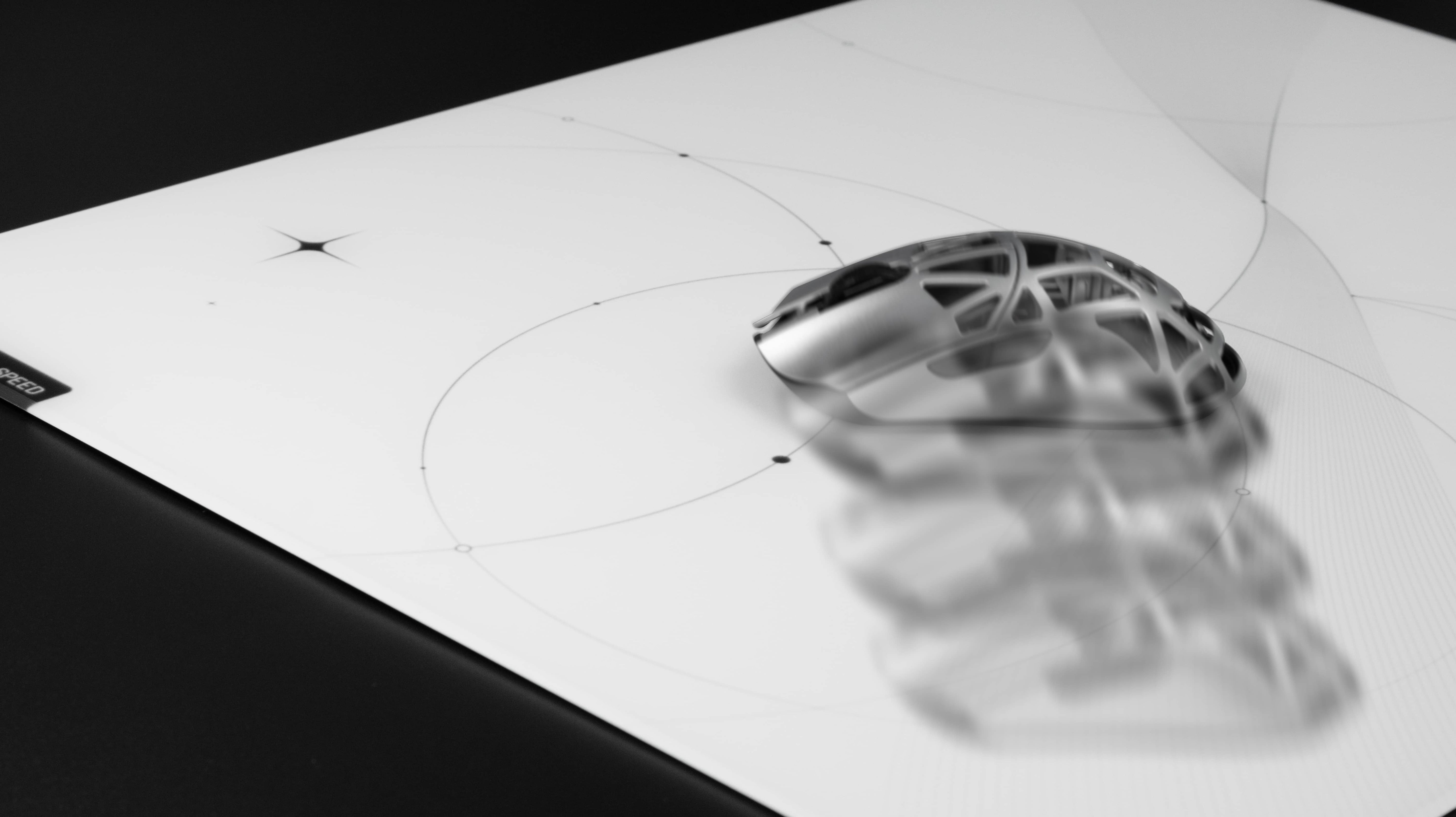 Close-up of the CLST 2.0 micro-etched speed surface on the Trace glass mousepad