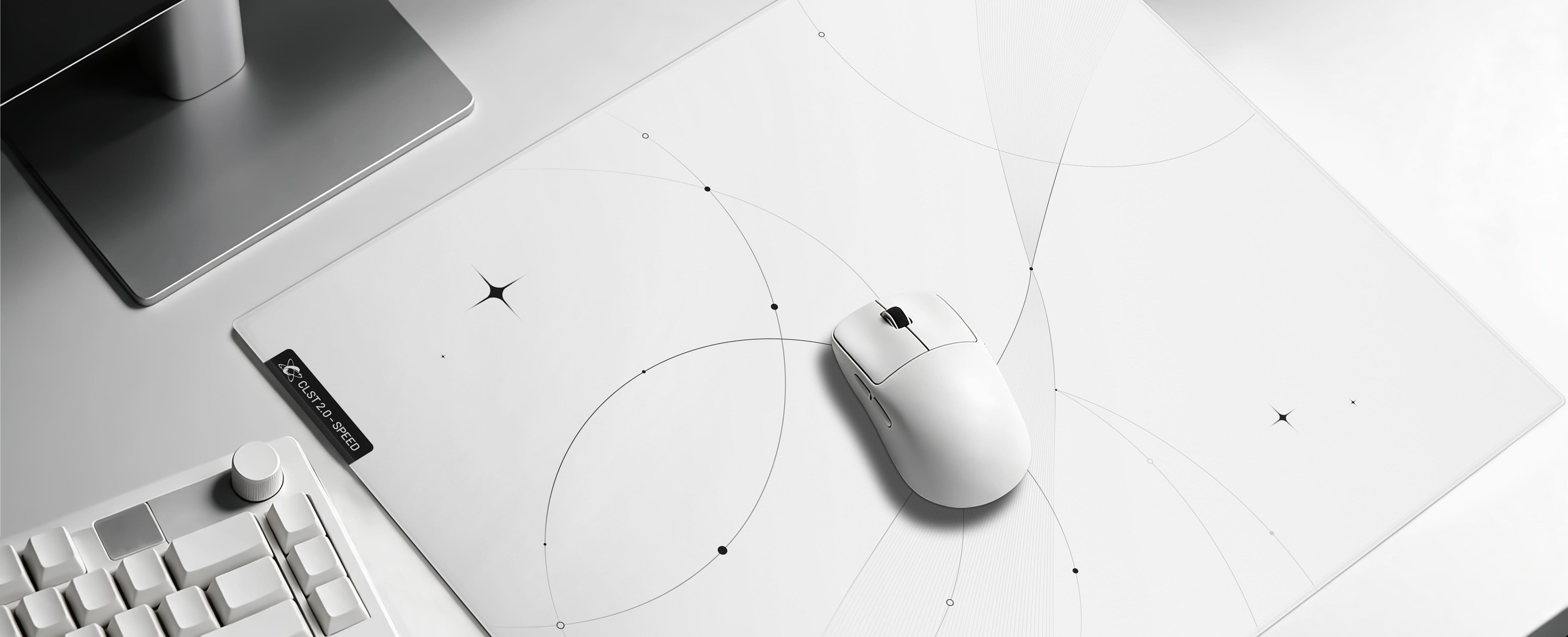 CLUSTRS CLST 2.0 Trace glass mousepad in a clean white desk setup