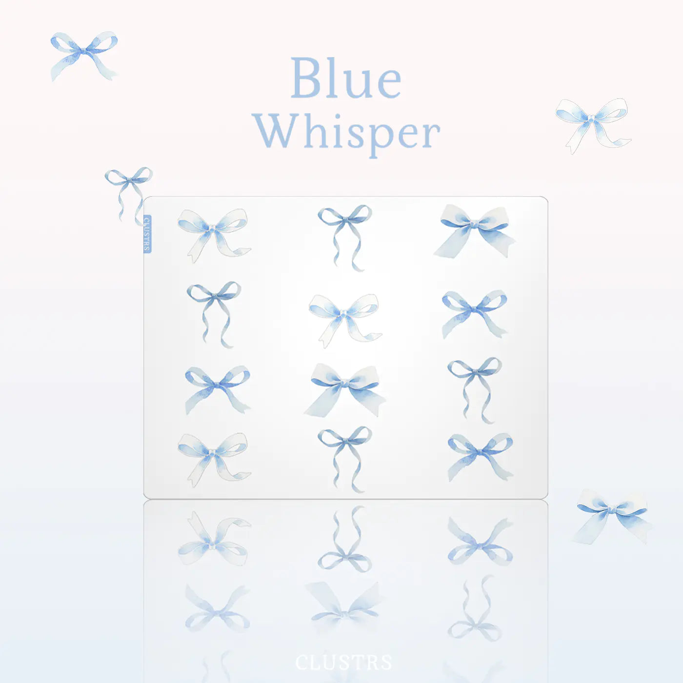 Blue Whisper Glass Mousepad styled on a clean pastel desk setup with dreamy ribbon pattern