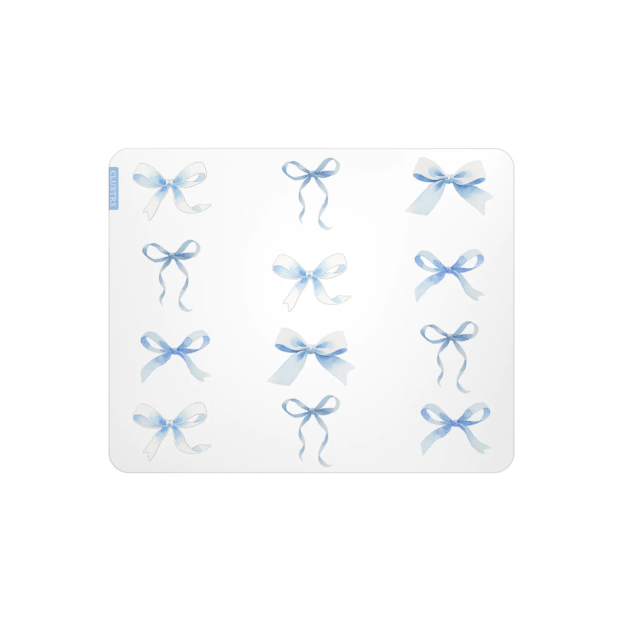 Blue Whisper Glass Mousepad front view with dreamy pastel blue ribbon design.