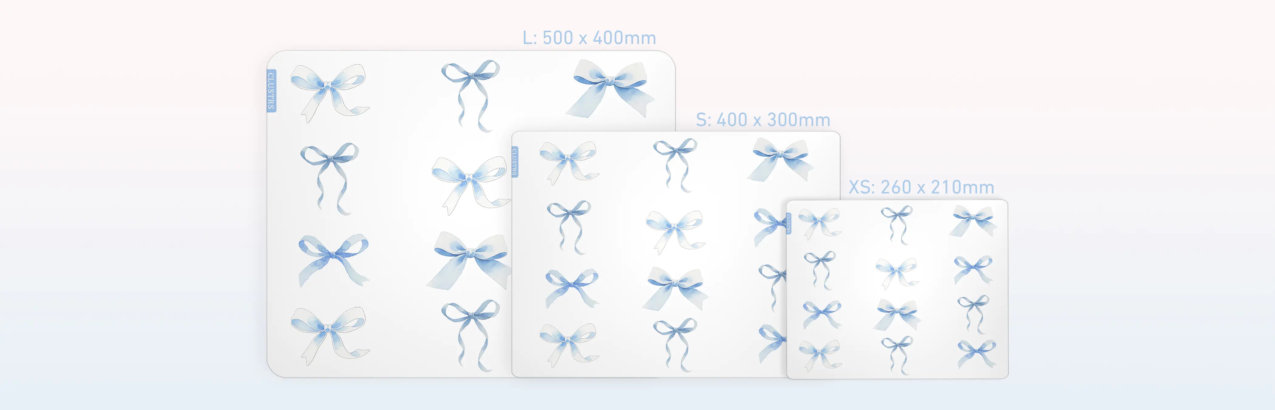 Blue Whisper Glass Mousepad size comparison chart in horizontal layout showing small, medium, and large options