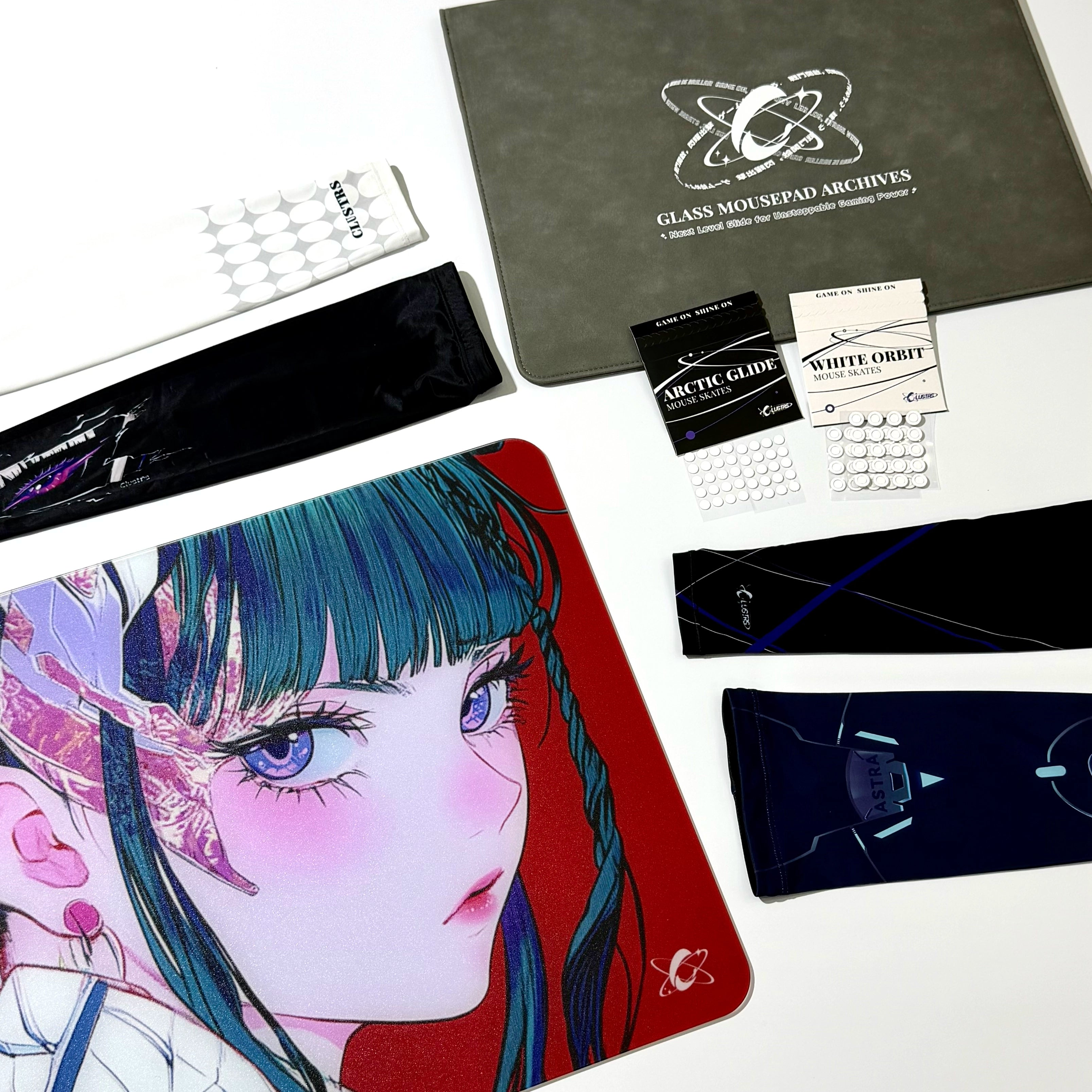 Clustrs Akira glass mouse pad ultimate bundle displayed with arm sleeves, Arctic Glide mouse skates, White Orbit skates, and the Glass Mousepad Archives carrying case.