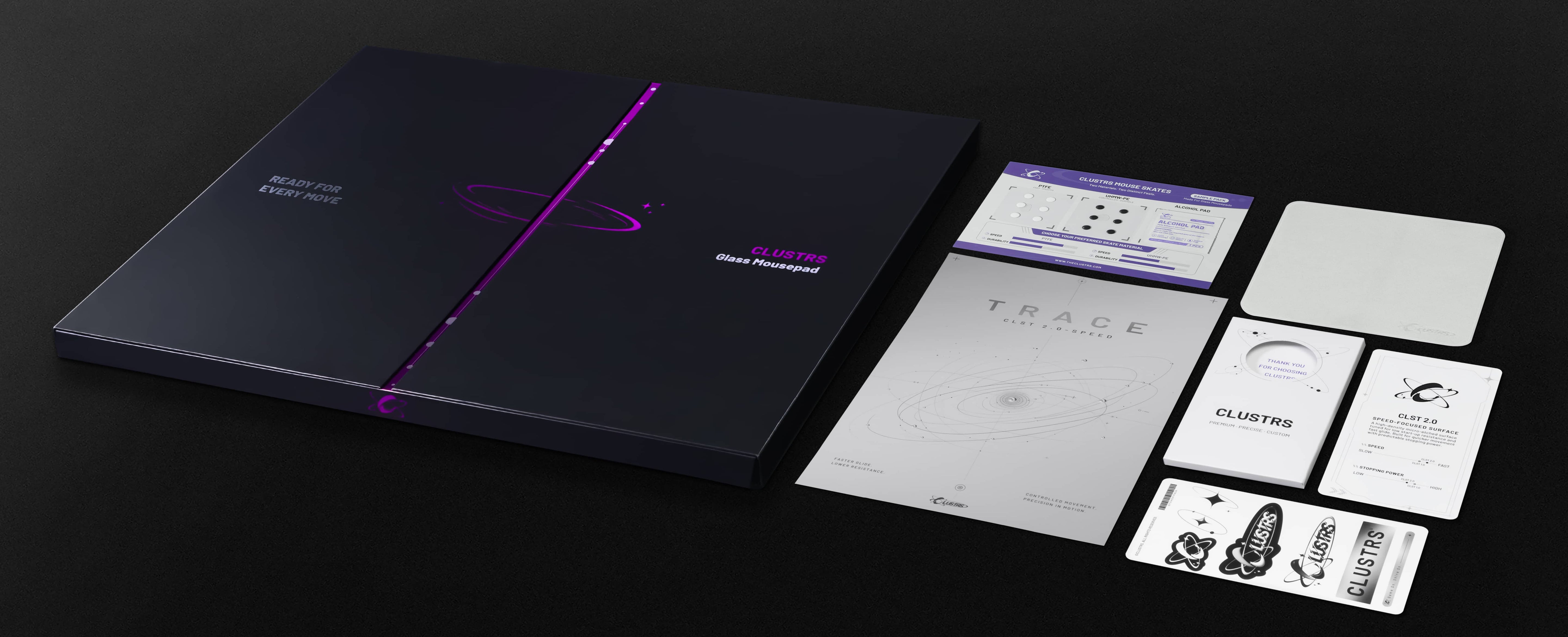 CLUSTRS CLST 2.0 Trace packaging with poster, mouse skate sample, product guide, stickers and cleaning cloth