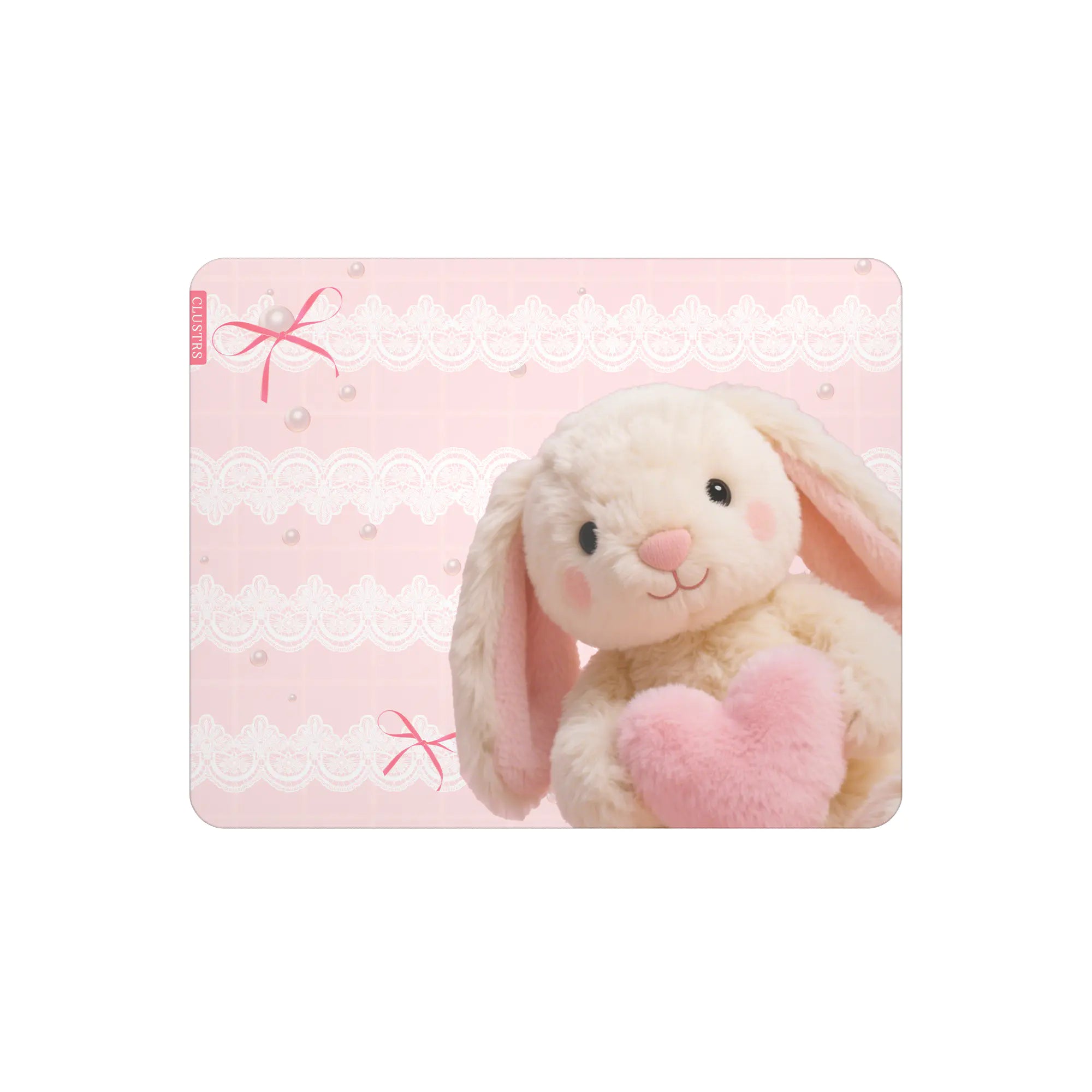 Hug Me Bunny Glass Mousepad front view with cute bunny illustration and pastel pink style.