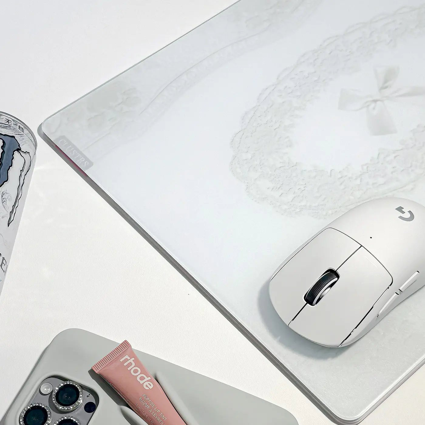 Elegant white lacey glass mousepad for gaming and work