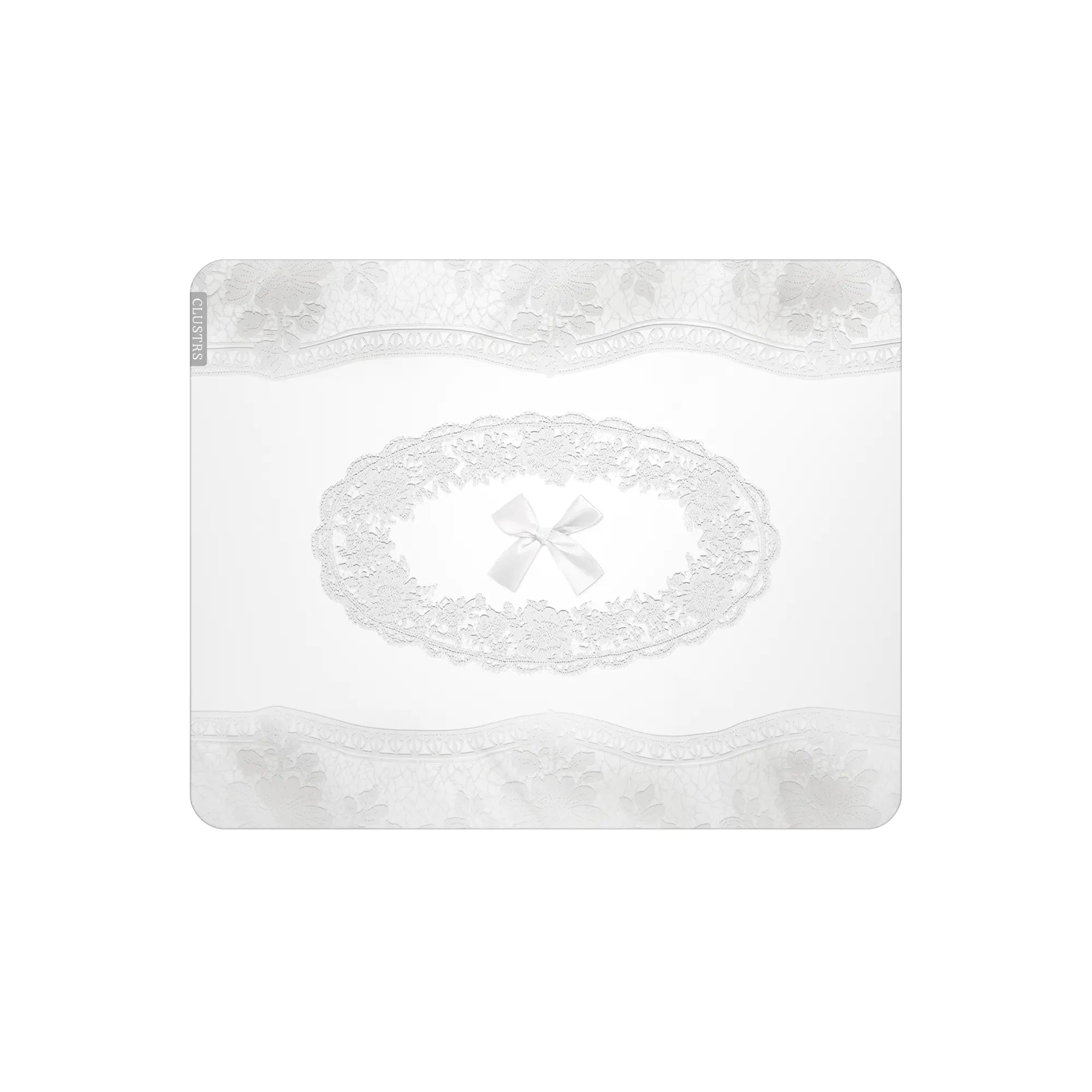 White Lacey Glass Mousepad front view with white base and delicate gray lace design.