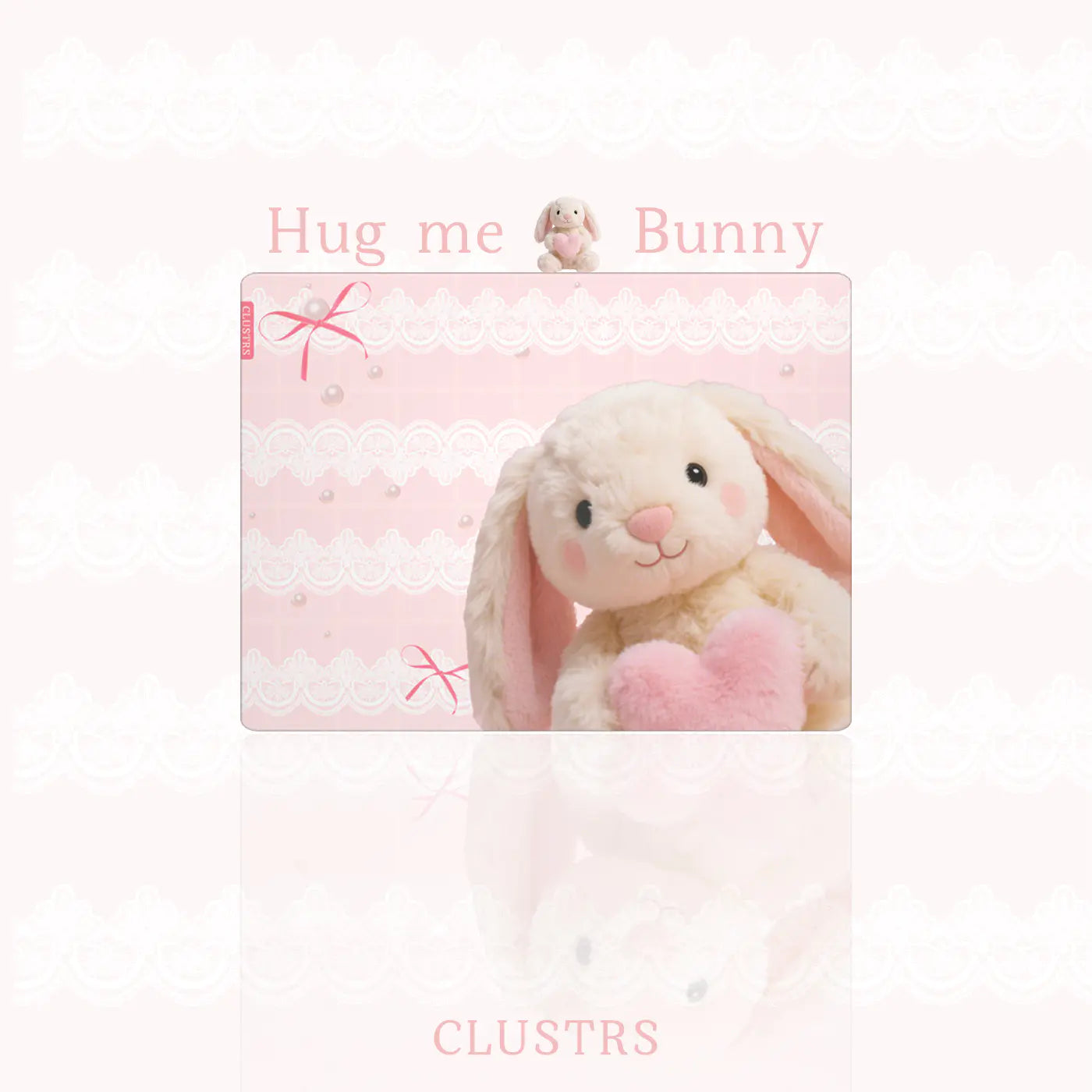 Close-up of Hug Me Bunny Glass Mousepad with adorable bunny illustration and pastel pink style.