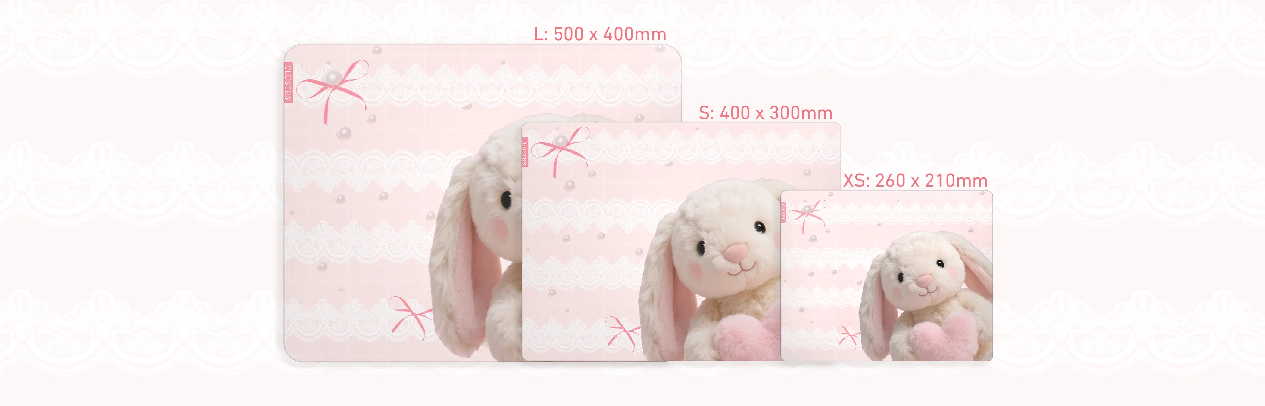 Hug Me Bunny Glass Mousepad size guide in horizontal layout with three size options.