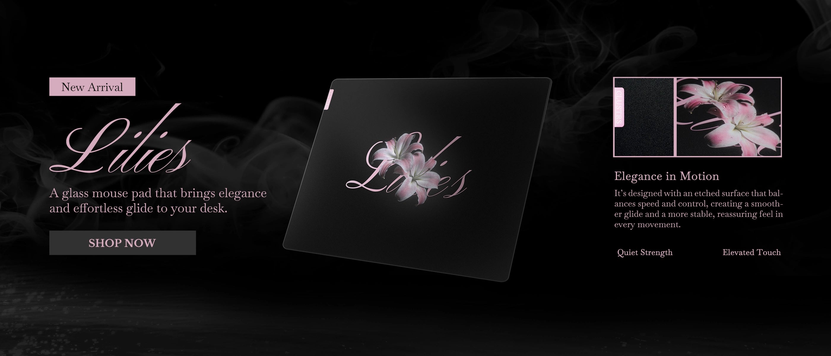 New Lilies glass mouse pad launch banner featuring a clean, elegant design and a smooth glide for modern desk setups.
