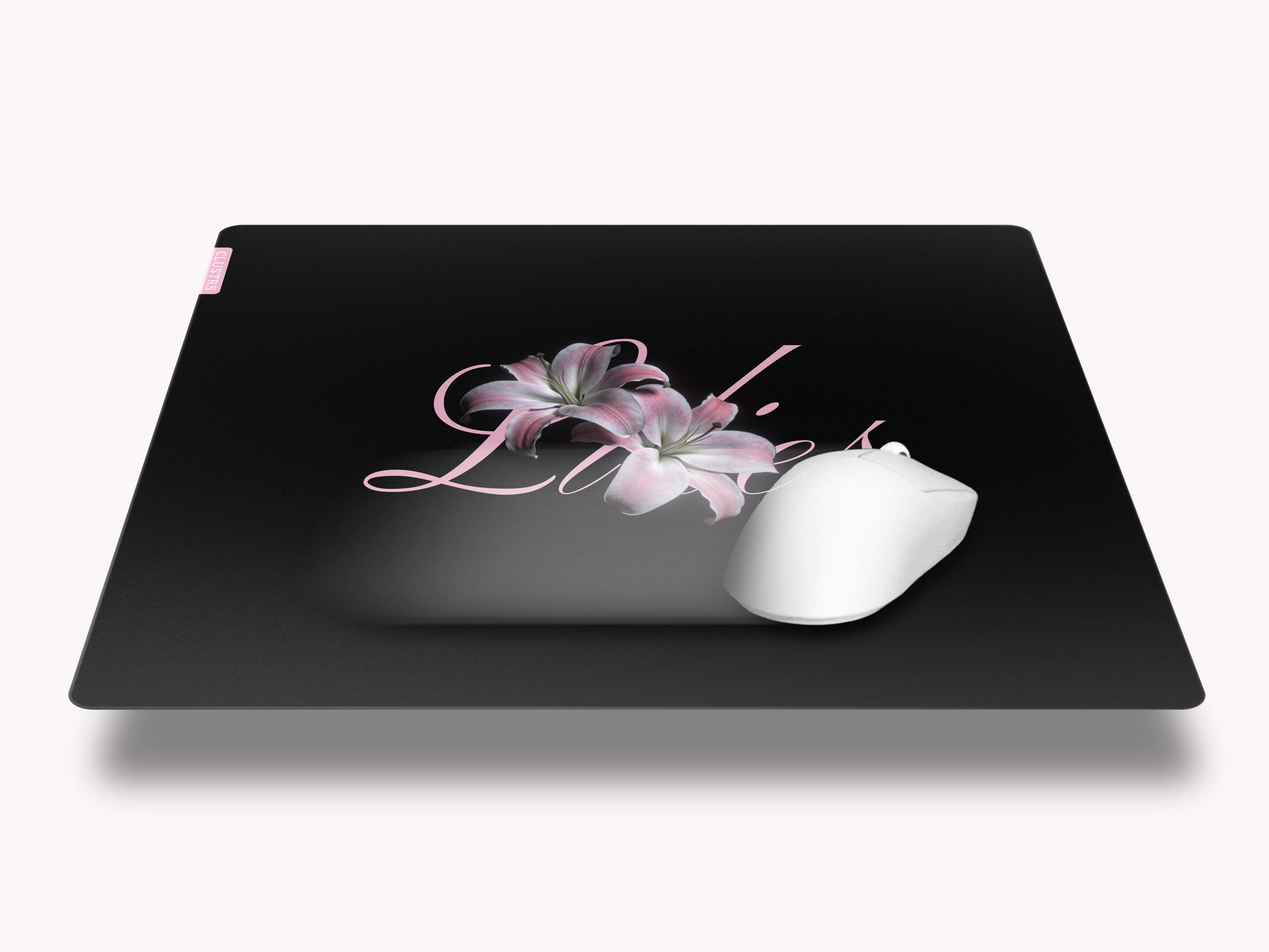 Lilies glass mousepad with CLST 1.0 micro-etched surface for smooth glide, balanced control, and cute gaming setups.