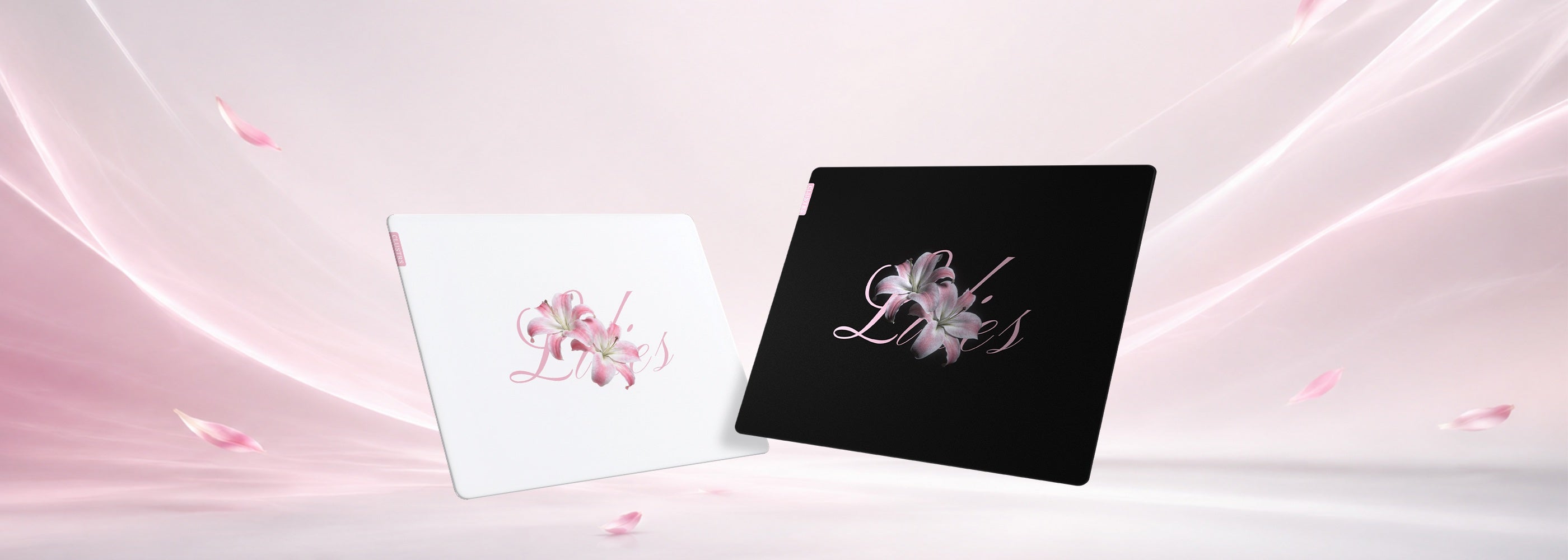 Black Lilies and White Lilies glass mousepad colorways for pink gaming setups, white gaming setups, and floral desk aesthetics.