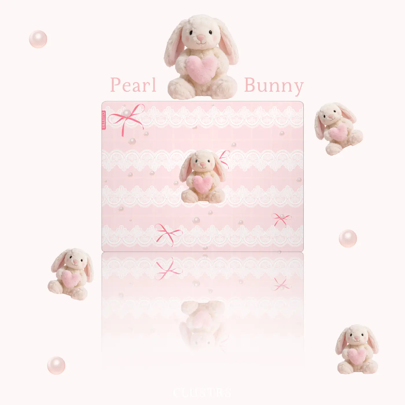 Close-up of Pearl Bunny Glass Mousepad featuring pastel pink background with pearl-like accents.