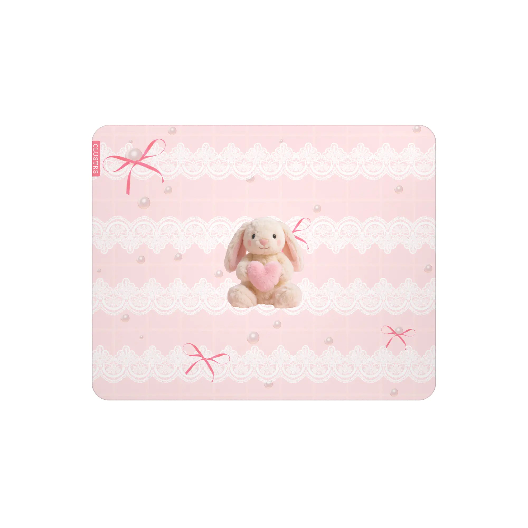 Pearl Bunny Glass Mousepad front view with pastel pink background and pearl accents.
