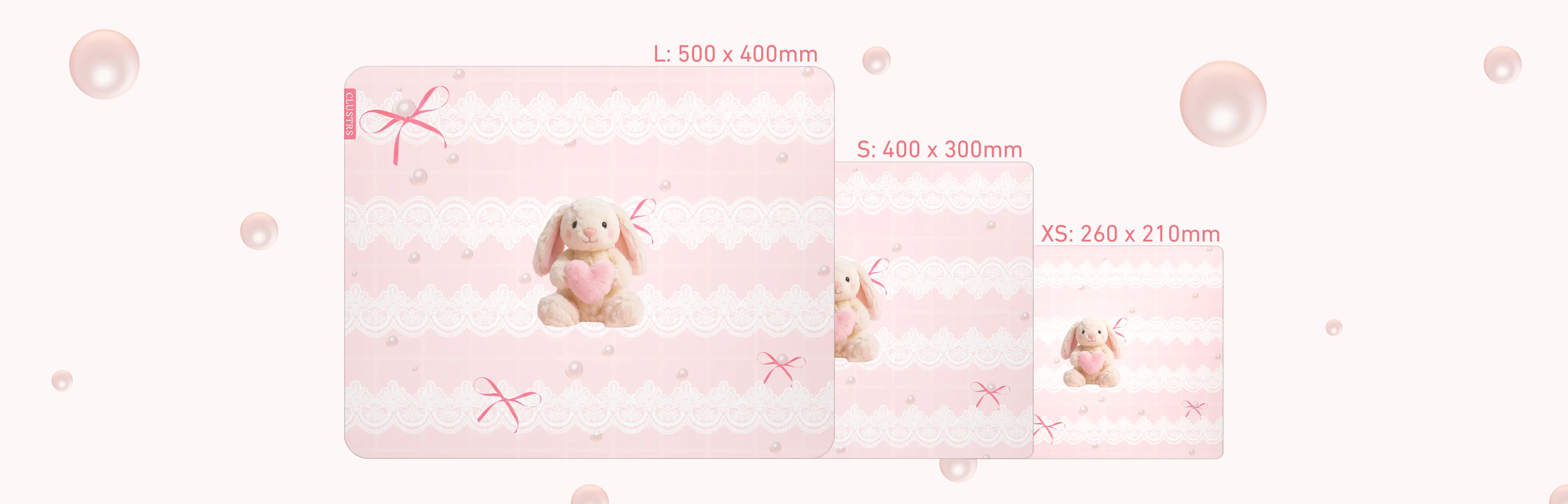 Pearl Bunny Glass Mousepad size guide in horizontal layout showing small, medium, and large options.