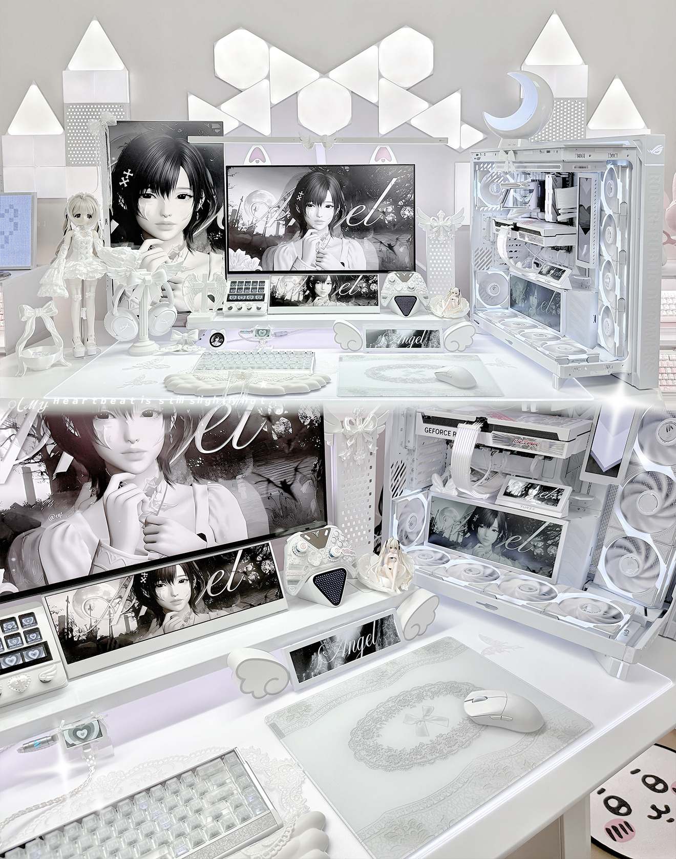 White Lacey glass mousepad in a bright angelcore desk setup with anime artwork, wall lights, and a custom white PC.