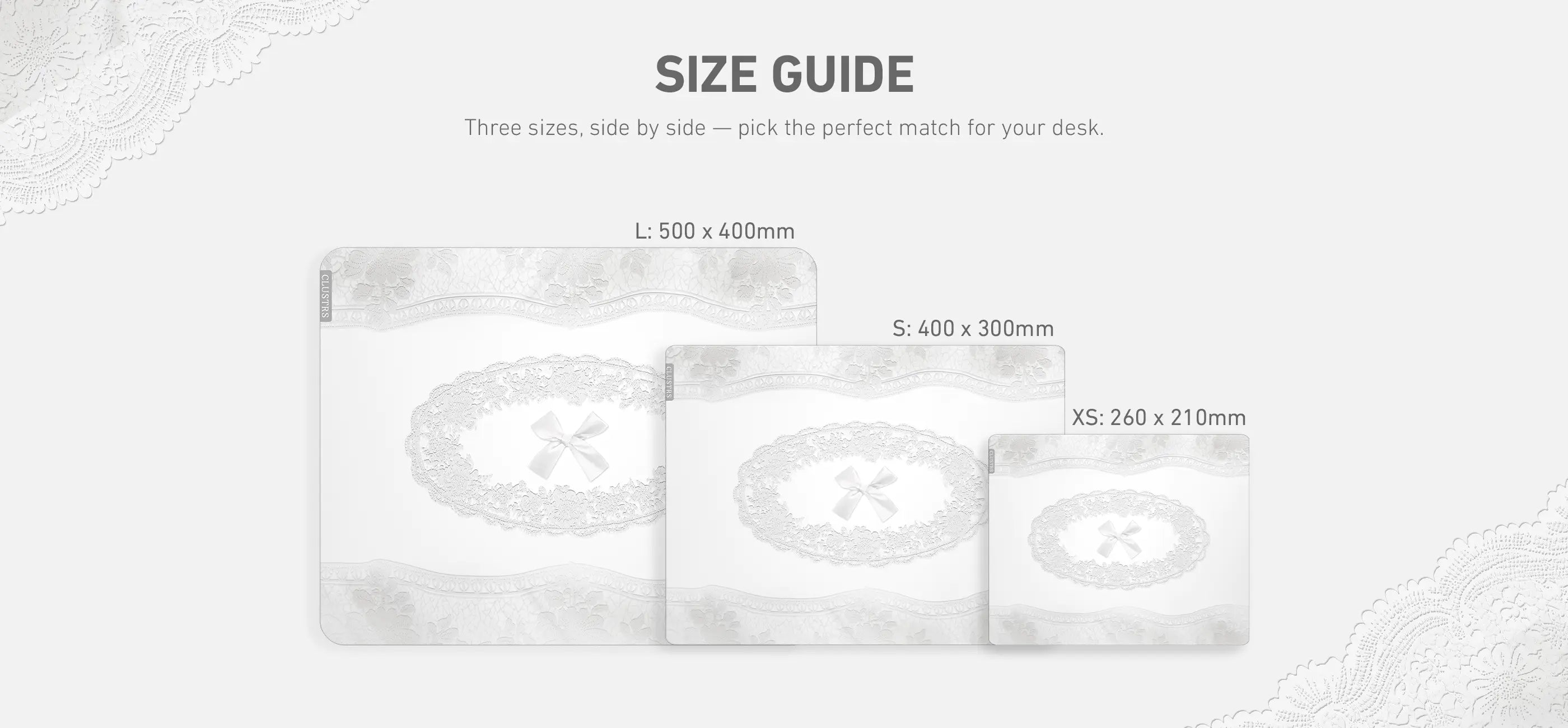 White Lacey Glass Mousepad size guide in horizontal layout showing small, medium, and large.