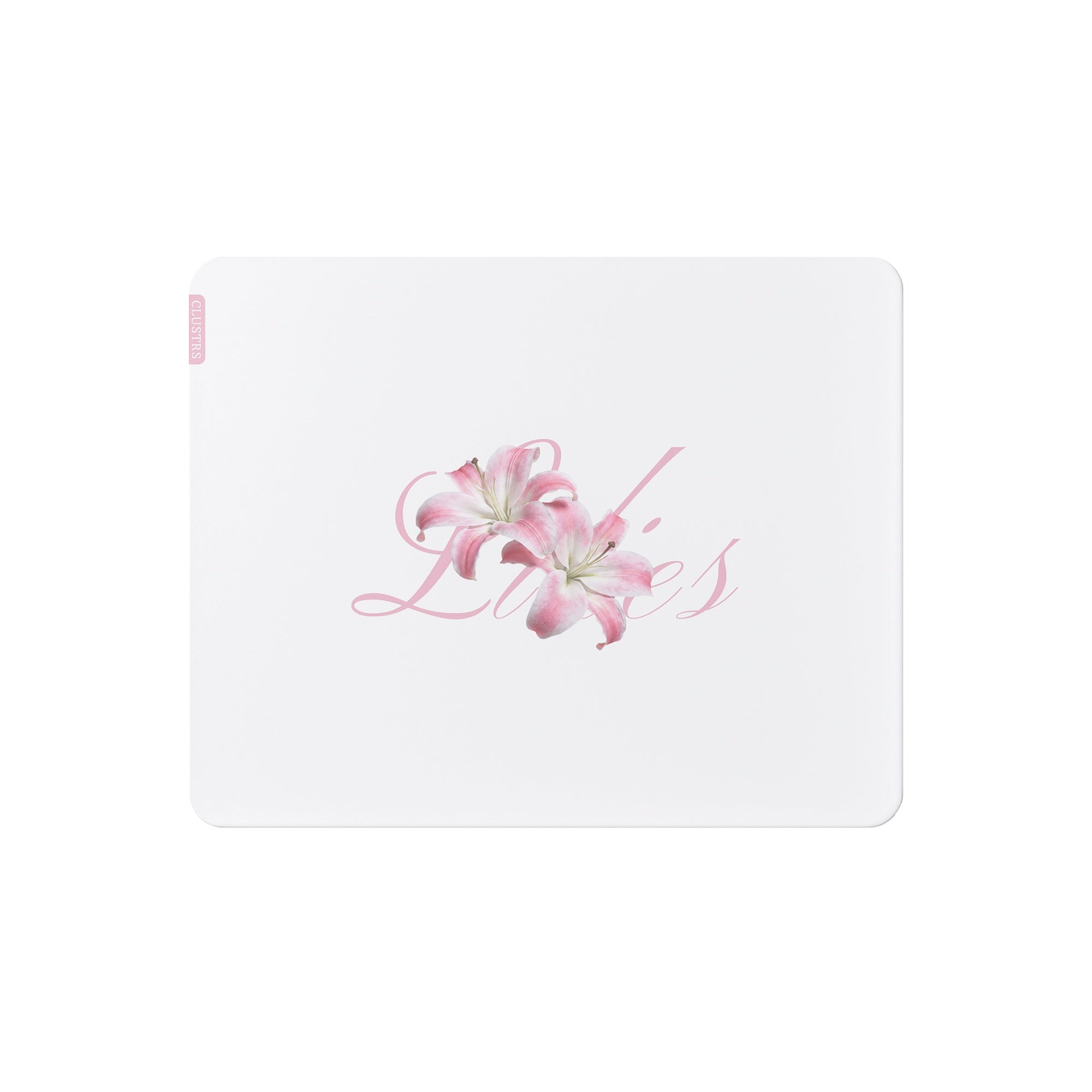 White Lilies glass mousepad in L size, 500 × 400mm, front view with soft floral design for white gaming setups.