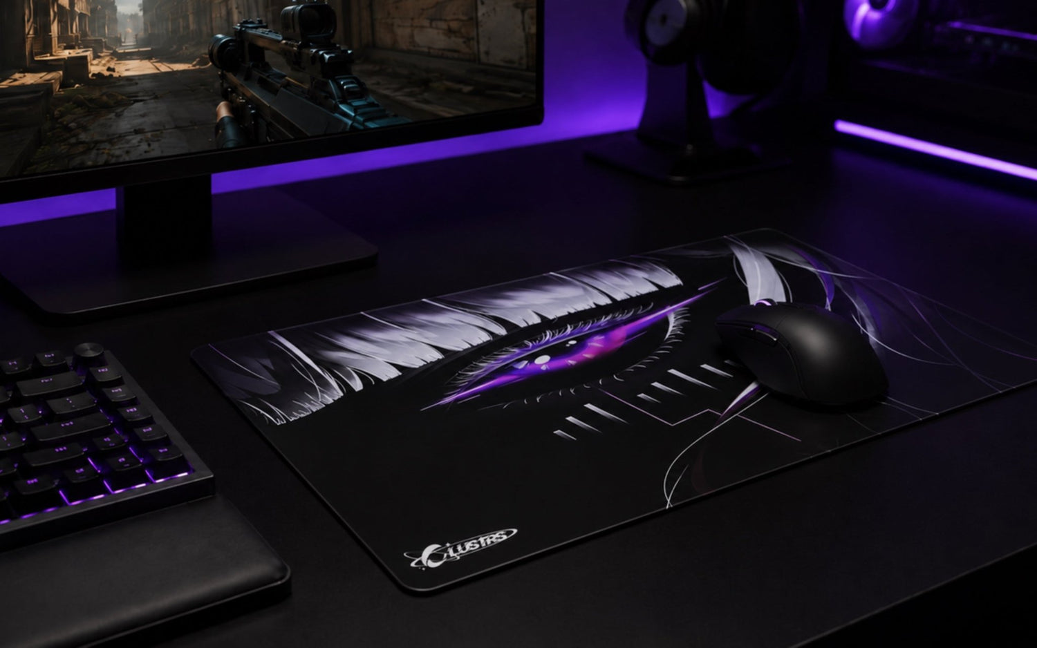 CLUSTRS glass tempered mousepad in a clean gaming and professional desk setup, designed for consistent glide, easy cleaning, and premium daily use.
