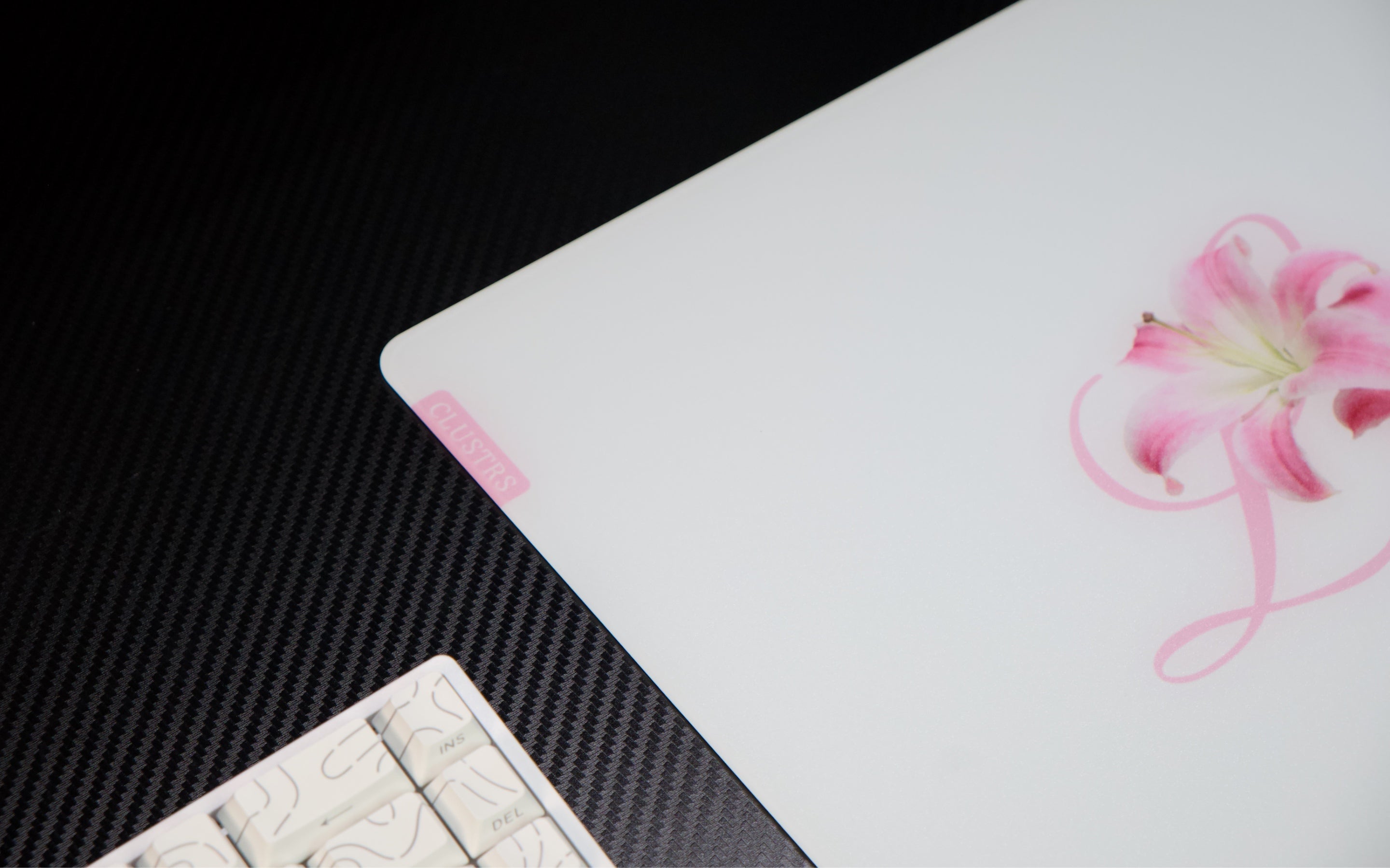 CLUSTRS Lilies glass mousepad with anime-inspired floral design, showing soft setup style, smooth glide, and reliable control