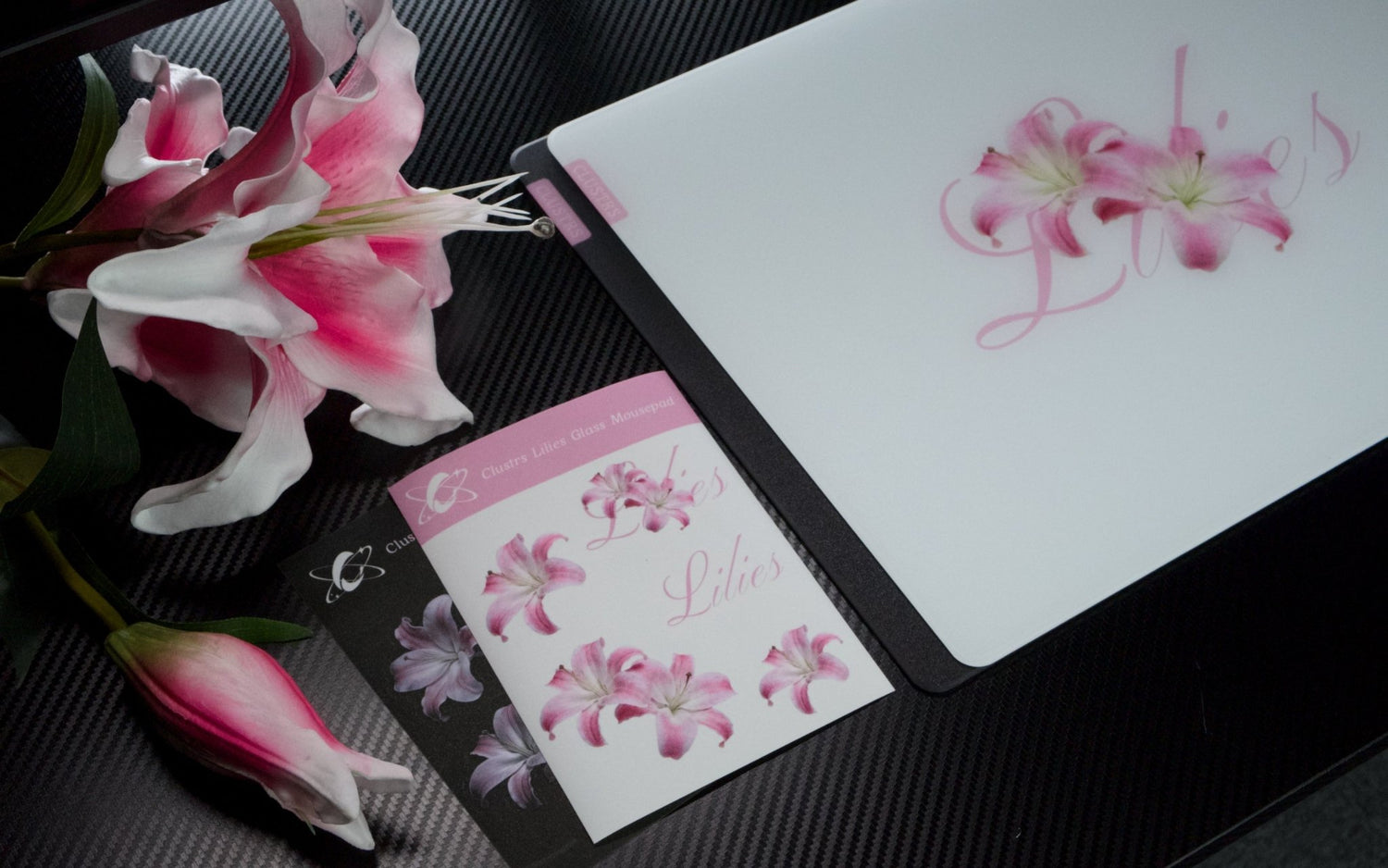 CLUSTRS Lilies glass mousepad in an aesthetic desk setup with floral style, smooth glide, and reliable control
