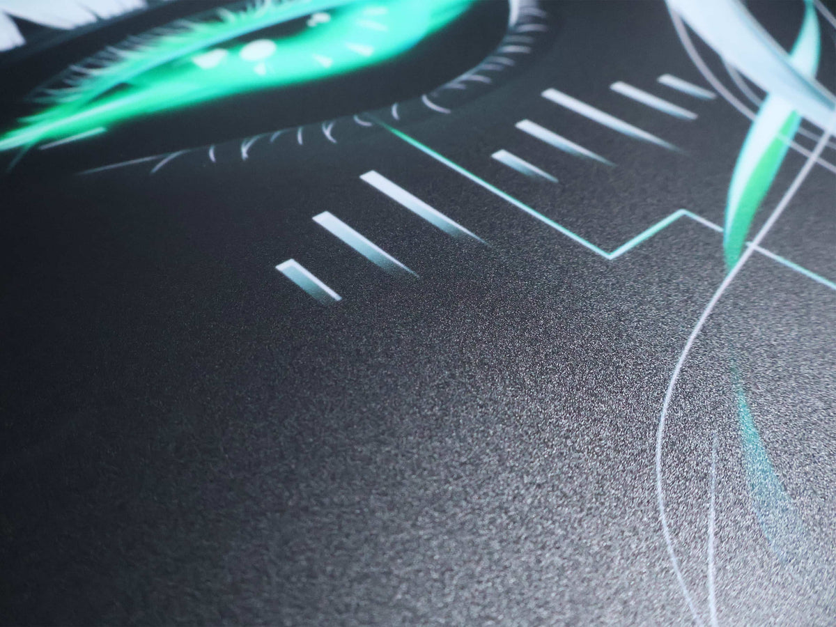 Macro view of the CLST 2.0 Speed micro-etched glass mousepad surface with part of the SPECTER design visible.