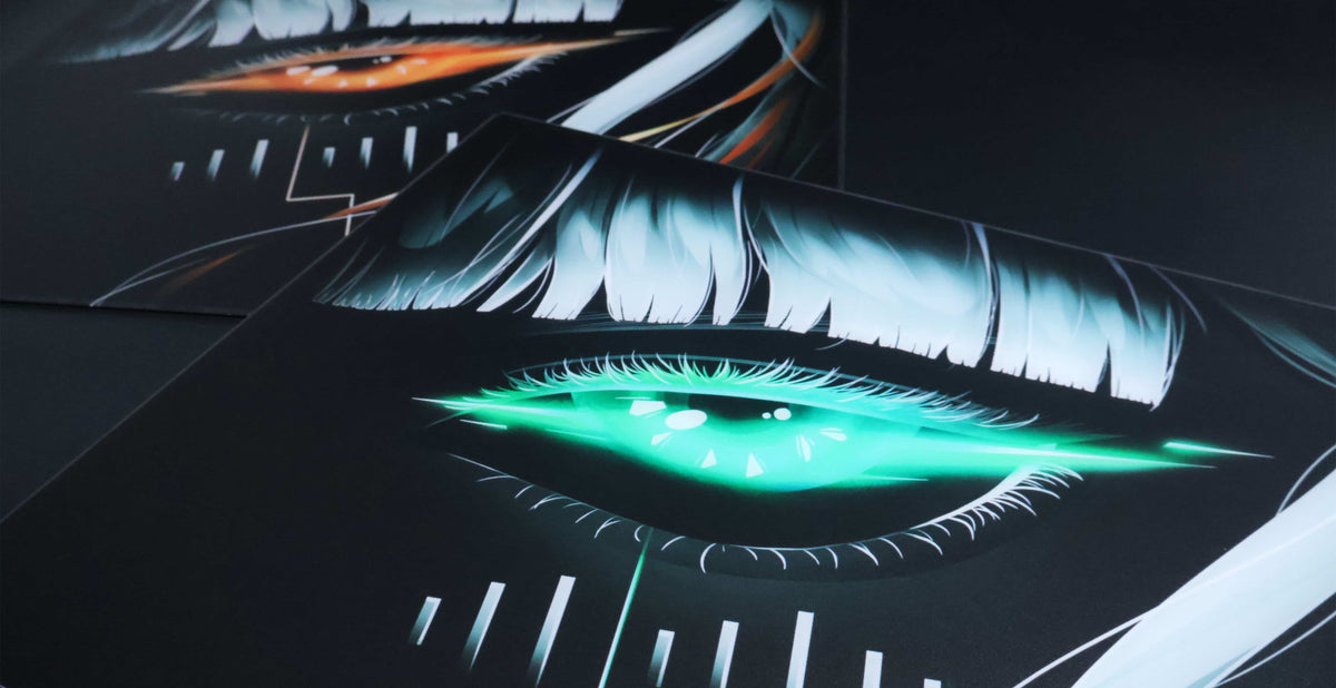 Astra’s Gaze EMBER and SPECTER glass mousepads shown together in a dark reflective display.