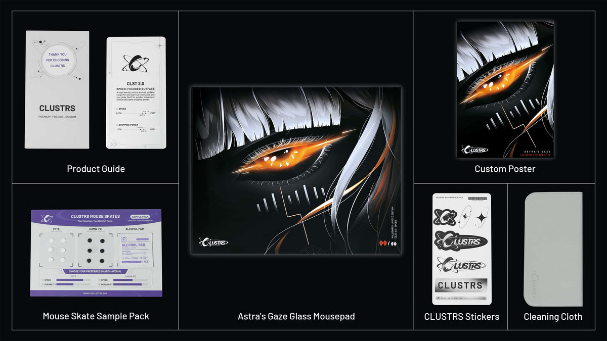 EMBER Halloween glass mousepad and accessory overview, including a product guide, mouse skate sample pack, custom poster, stickers, and cleaning cloth.