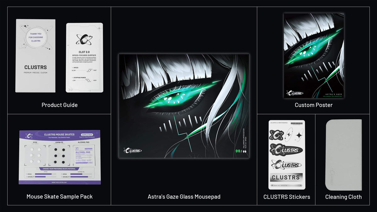 SPECTER Halloween glass mousepad and accessory overview, including a product guide, mouse skate sample pack, custom poster, stickers, and cleaning cloth.