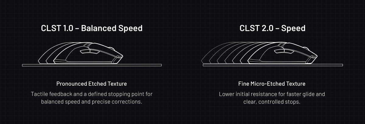 CLST 1.0 Balanced Speed and CLST 2.0 Speed surface comparison showing two different glide profiles for the same custom design.