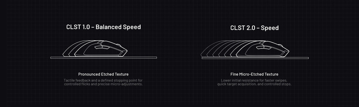 Side-by-side comparison of CLST 1.0 Balanced Speed and CLST 2.0 Speed glass mousepad surfaces, showing controlled versus faster mouse glide.