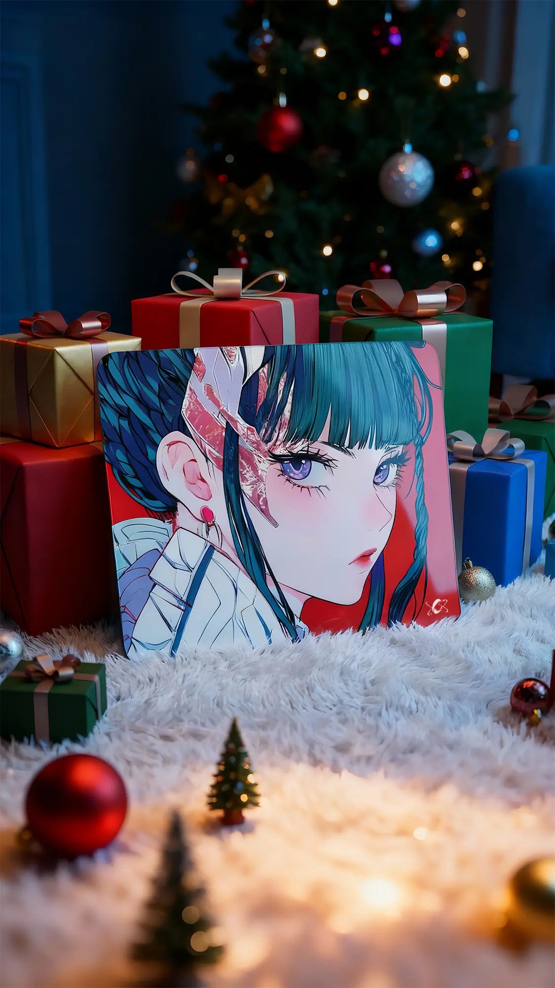Holiday scene featuring the Akira esports glass mouse pad with festive lighting.
