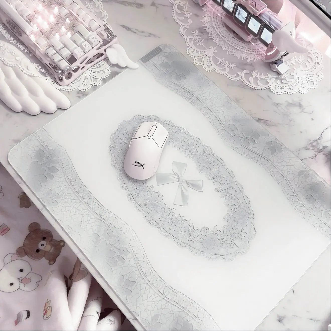 Dreamy desk setup with Channel Cute glass pad, showcasing radiant transparency and crystal elegance for a feminine aesthetic.