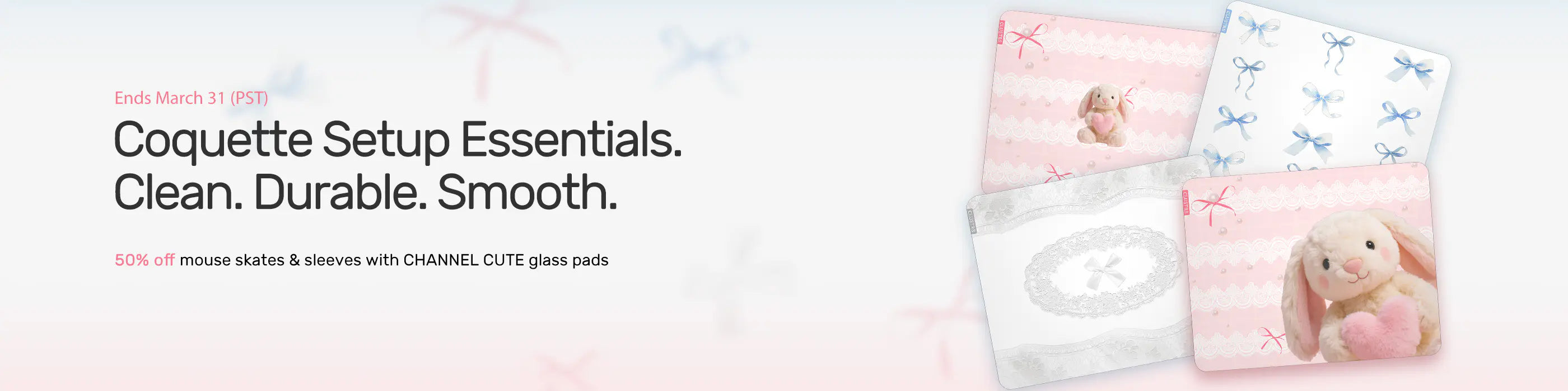 Coquette setup essentials: Channel Cute glass pads offer clean, durable, smooth performance. Special accessories discount.