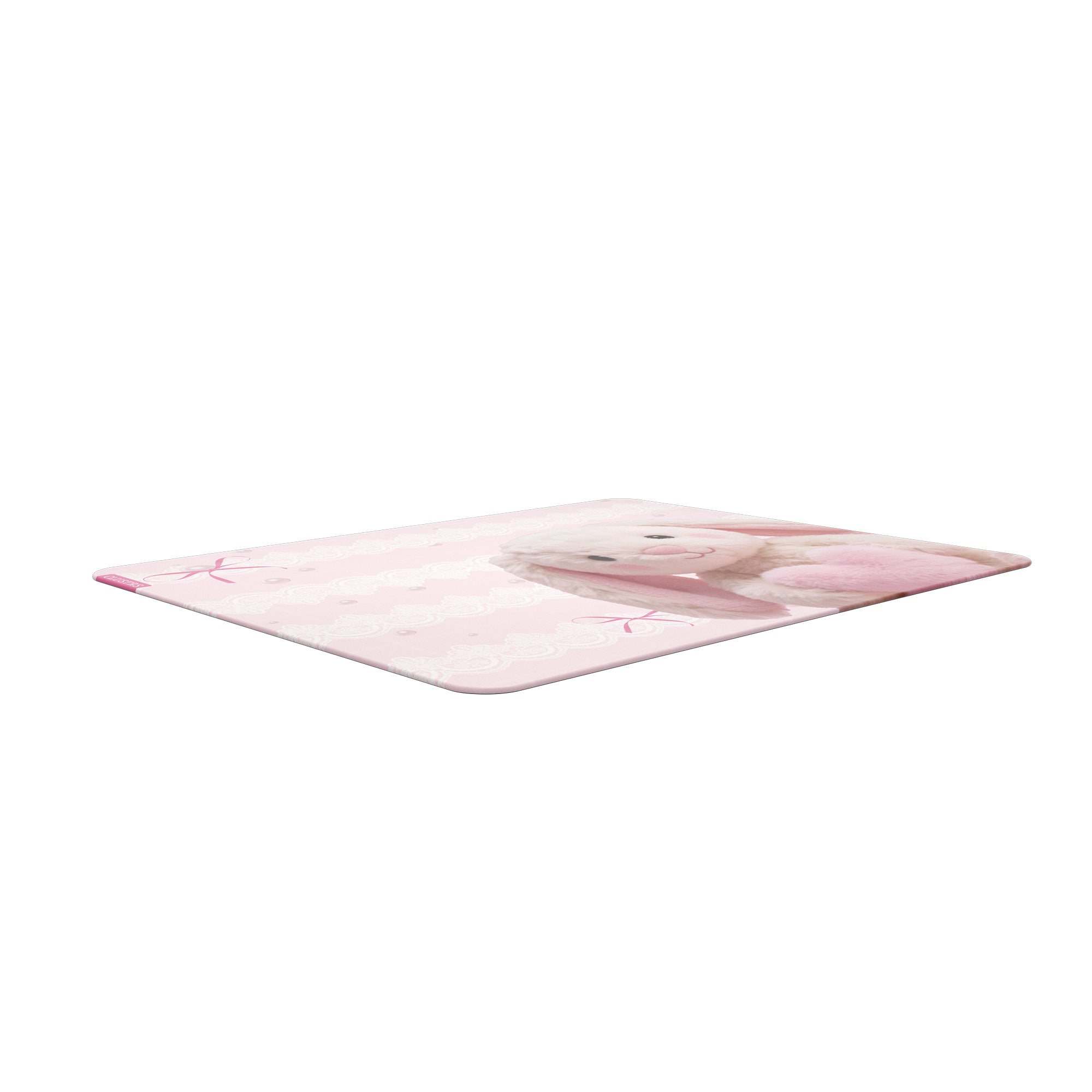Low-angle view of the Bunny glass mousepad showing its slim profile and rounded edges.