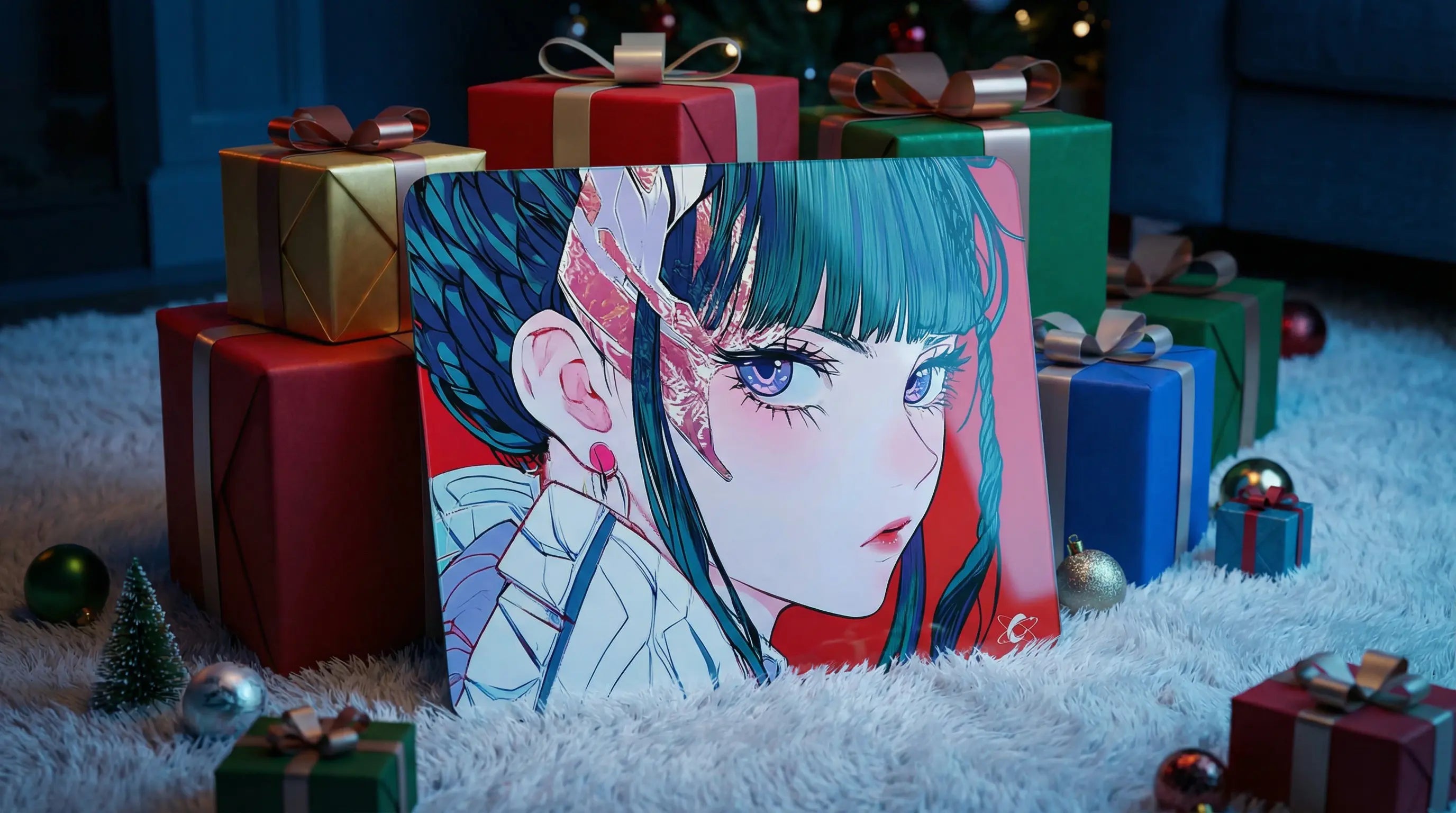 Clustrs Akira glass mouse pad displayed in a Christmas-themed gaming setup