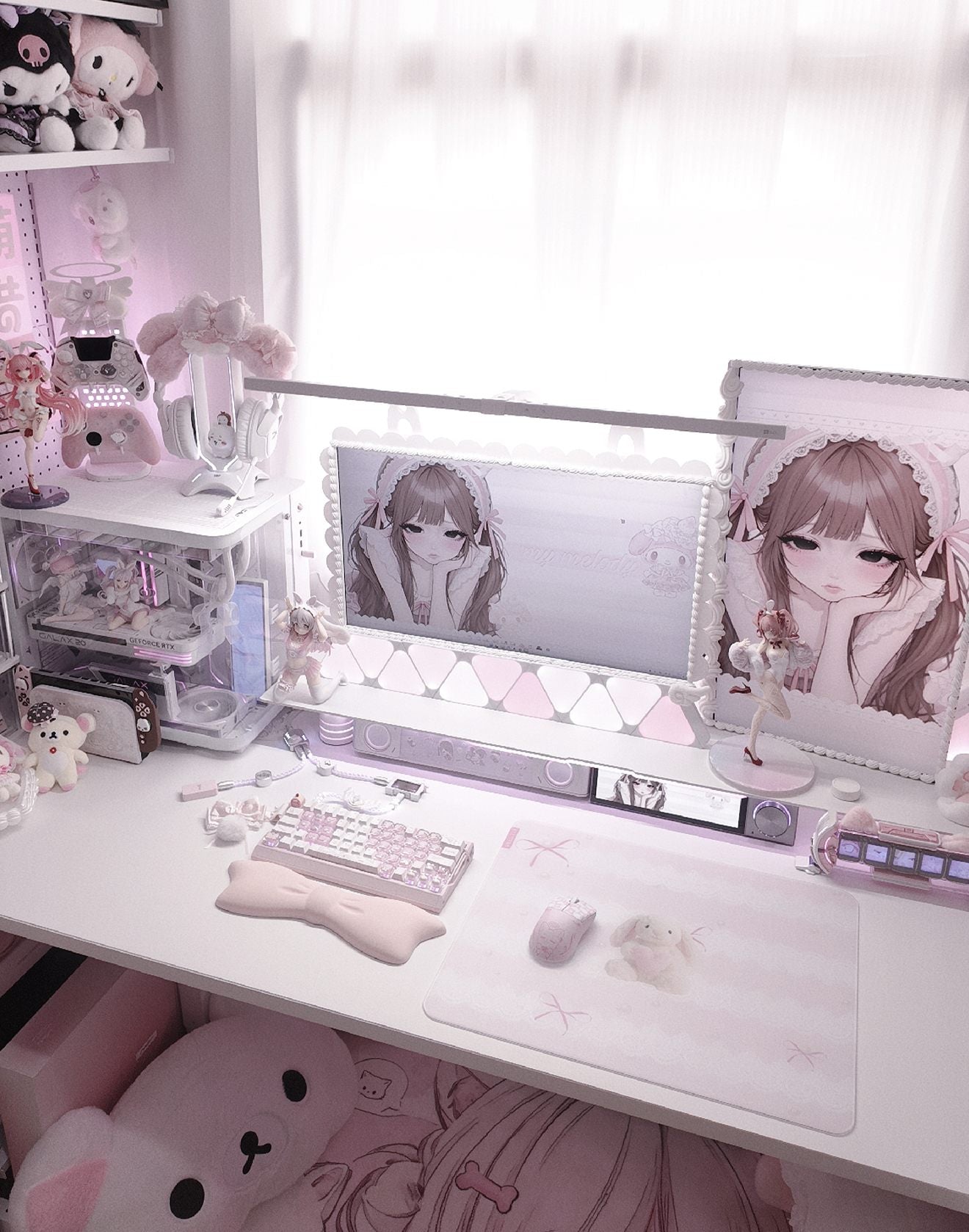 Hug Me Bunny glass mousepad completing a soft pastel desk setup with plush decor and white gaming accessories.