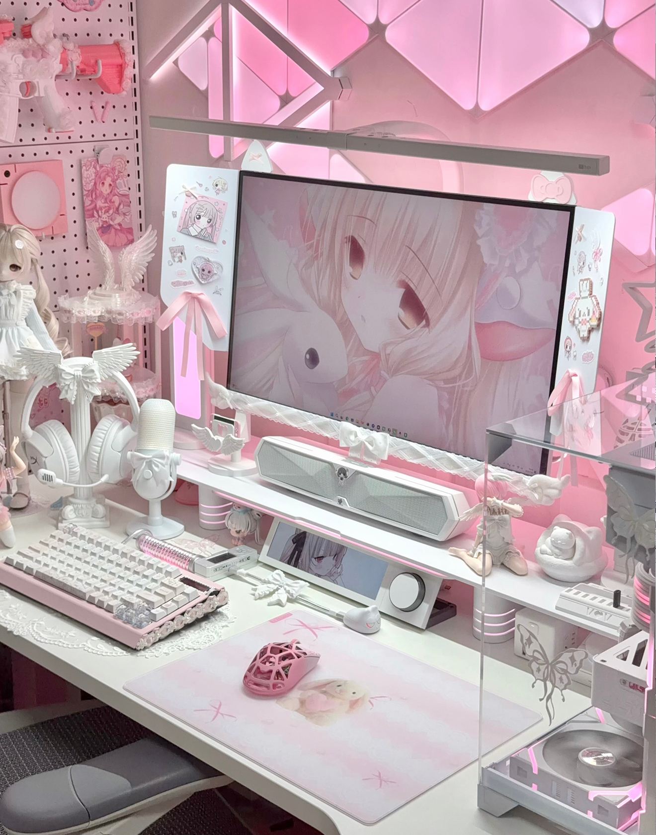 Hug Me Bunny glass mousepad in a pink kawaii gaming setup with anime-inspired decor and soft lighting.