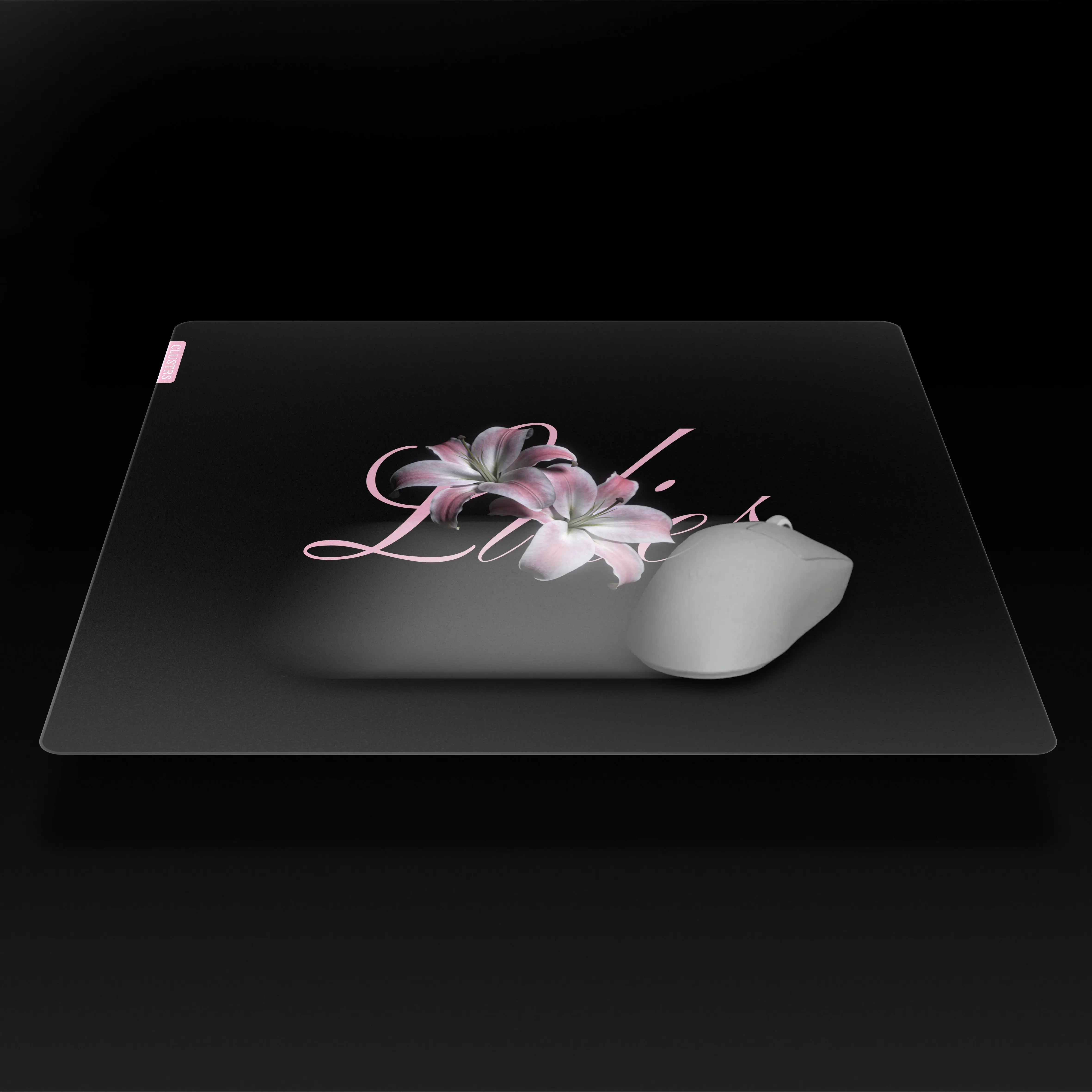 Close-up of the micro-etched surface on the Lilies glass mouse pad, designed for smoother glide and balanced control.