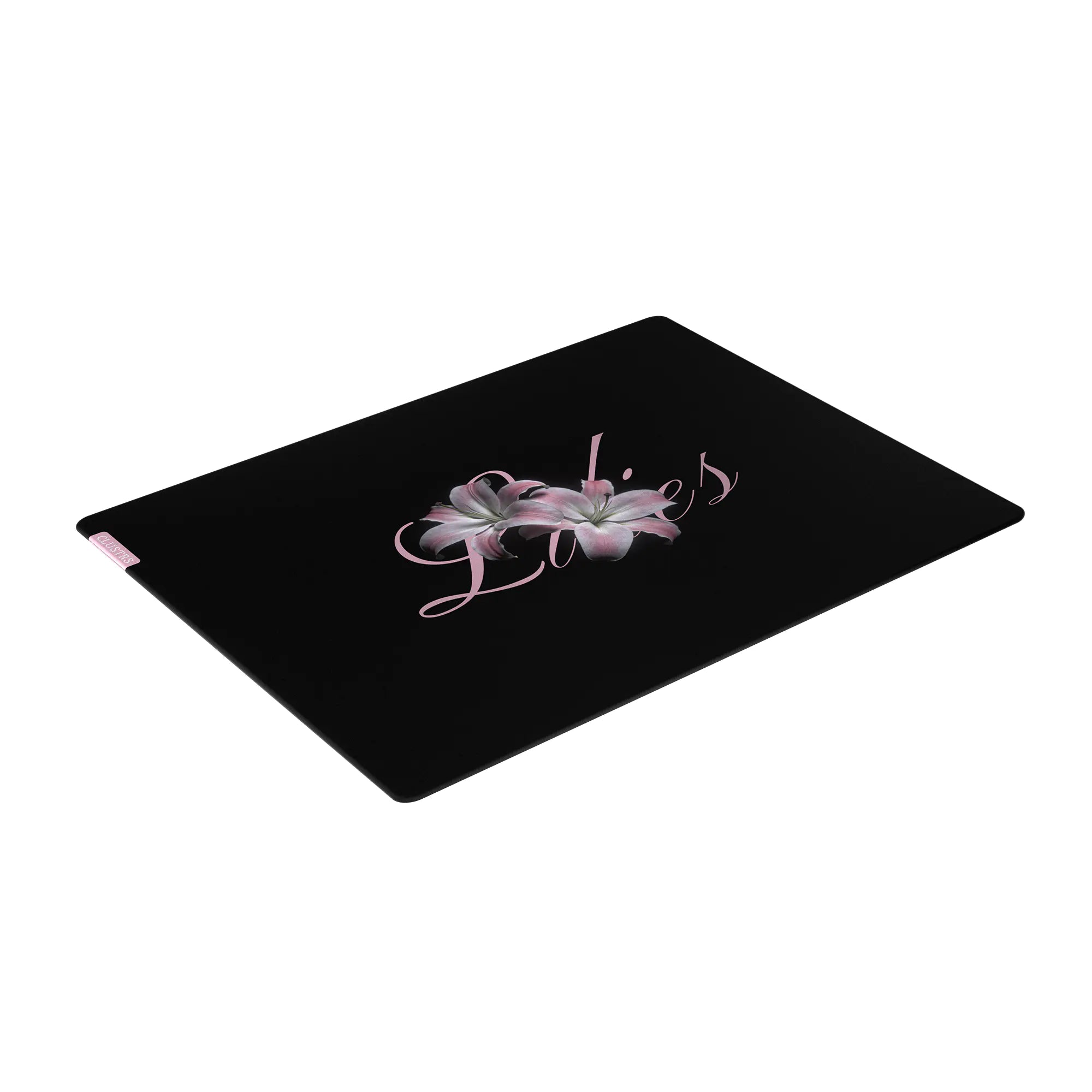 Angled front-left view of the Lilies glass mouse pad, highlighting its refined shape and delicate floral artwork.
