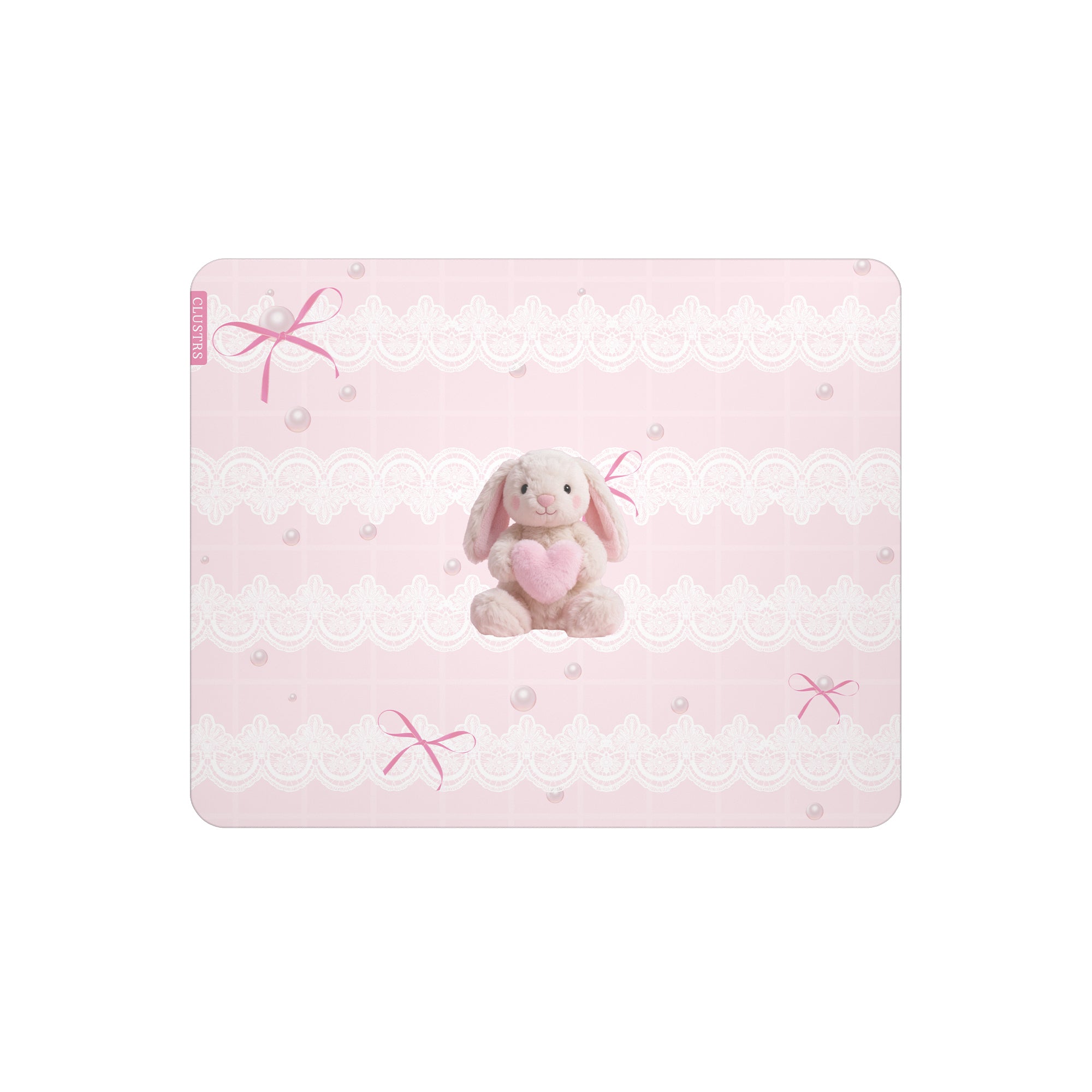 Front view of the Pearl Bunny pink glass mousepad with a bunny, lace, bow, and pearl design.